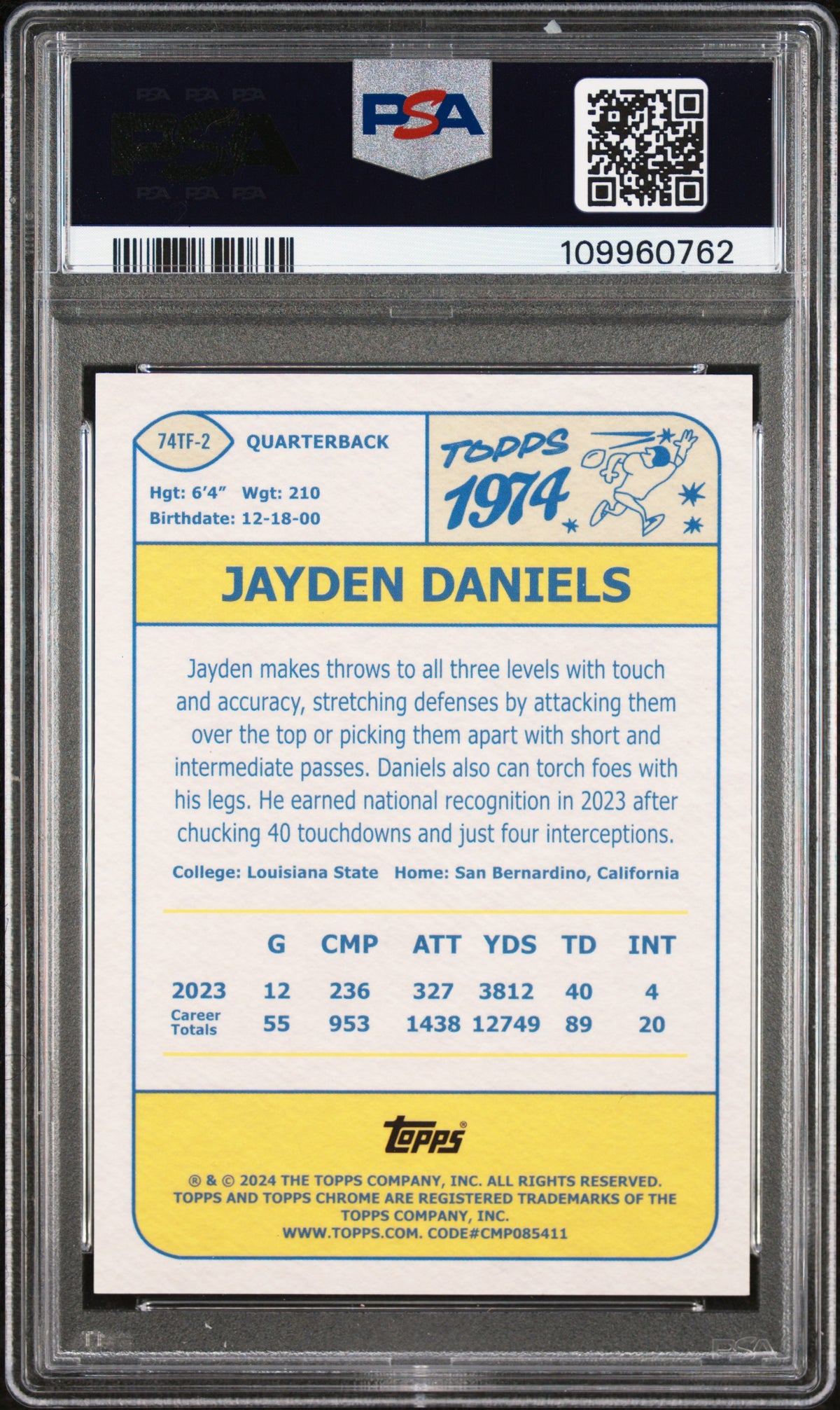 2024 Topps Chrome 1974 Topps Football Jayden Daniels 1974 Gold Ref PSA 9