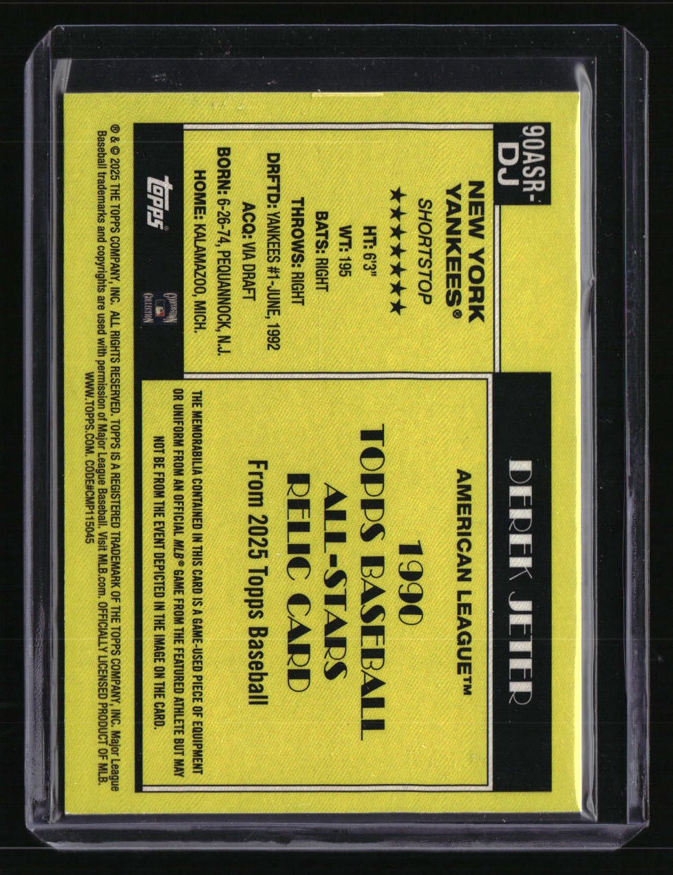 2025 Topps Derek Jeter 1990 Topps Baseball 35th Anniversary All-Stars Relics