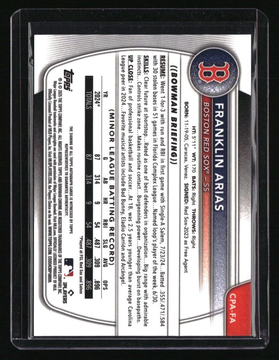 2025 Bowman Franklin Arias Chrome Prospects Autographs