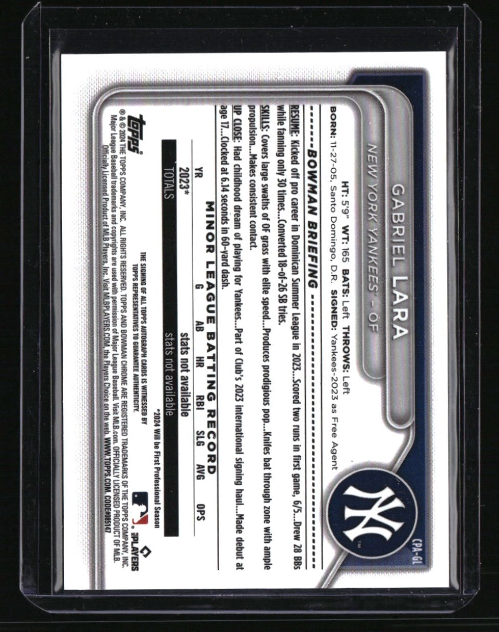 2024 Bowman Chrome Gabriel Lara Prospects Autographs Green Refractors #/99