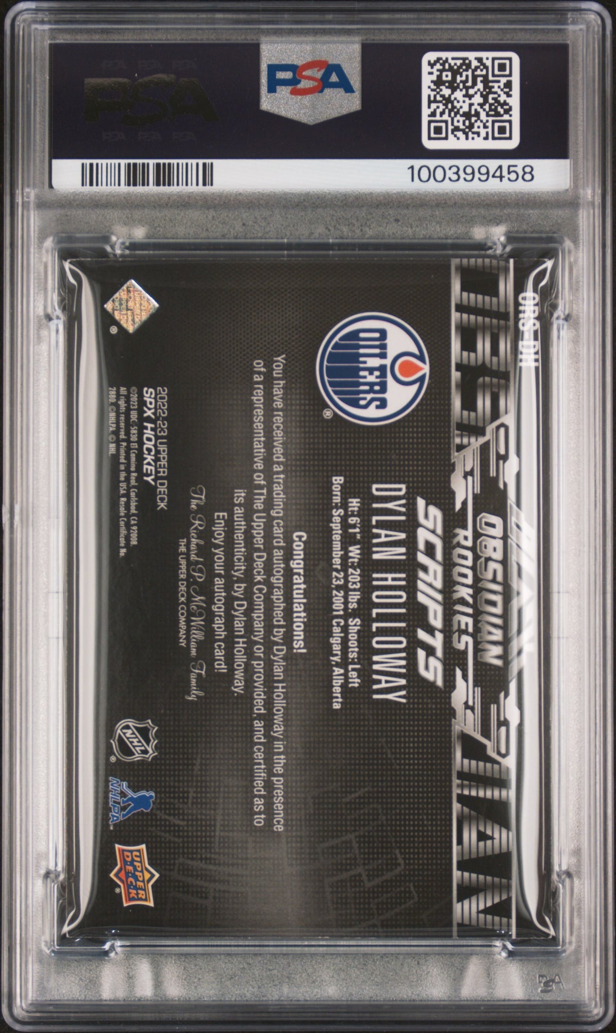 2022 Spx Ud Black Obsidian Rookie Scripts Dylan Holloway Black Ors Gold PSA 7