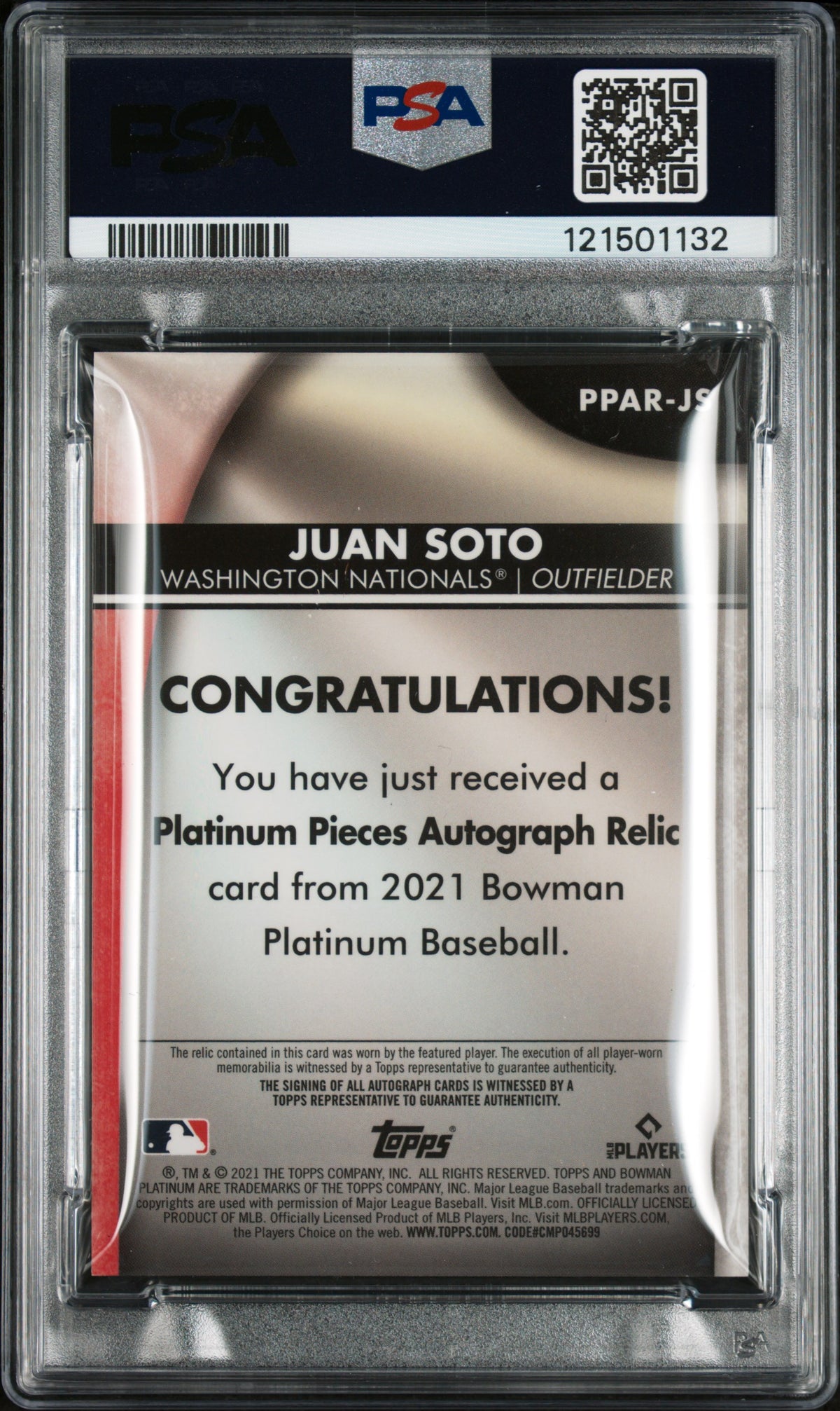 2021 Bowman Platinum Platinum Pieces Autograph Relics Juan Soto PSA 9