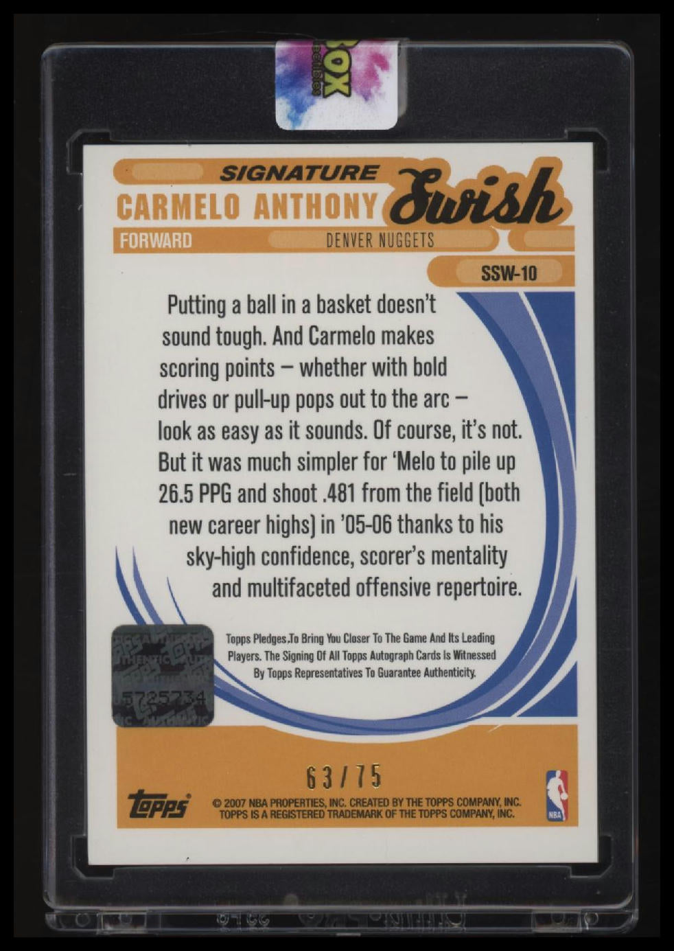2006-07 Topps Trademark Moves Carmelo Anthony Signature Swish Autographs #/75