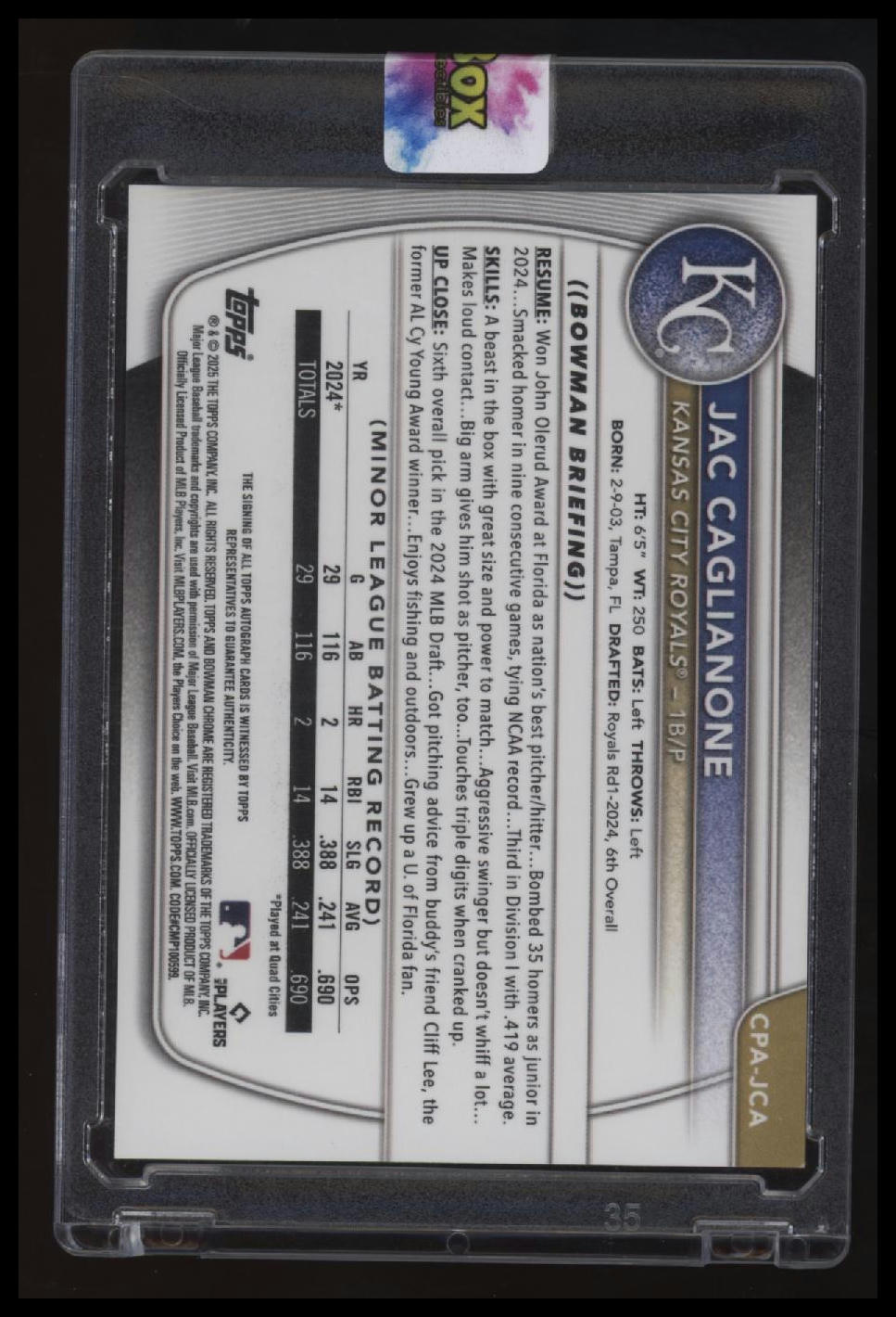 2025 Bowman Jac Caglianone Chrome Prospects Autographs Speckle Refractor #/299