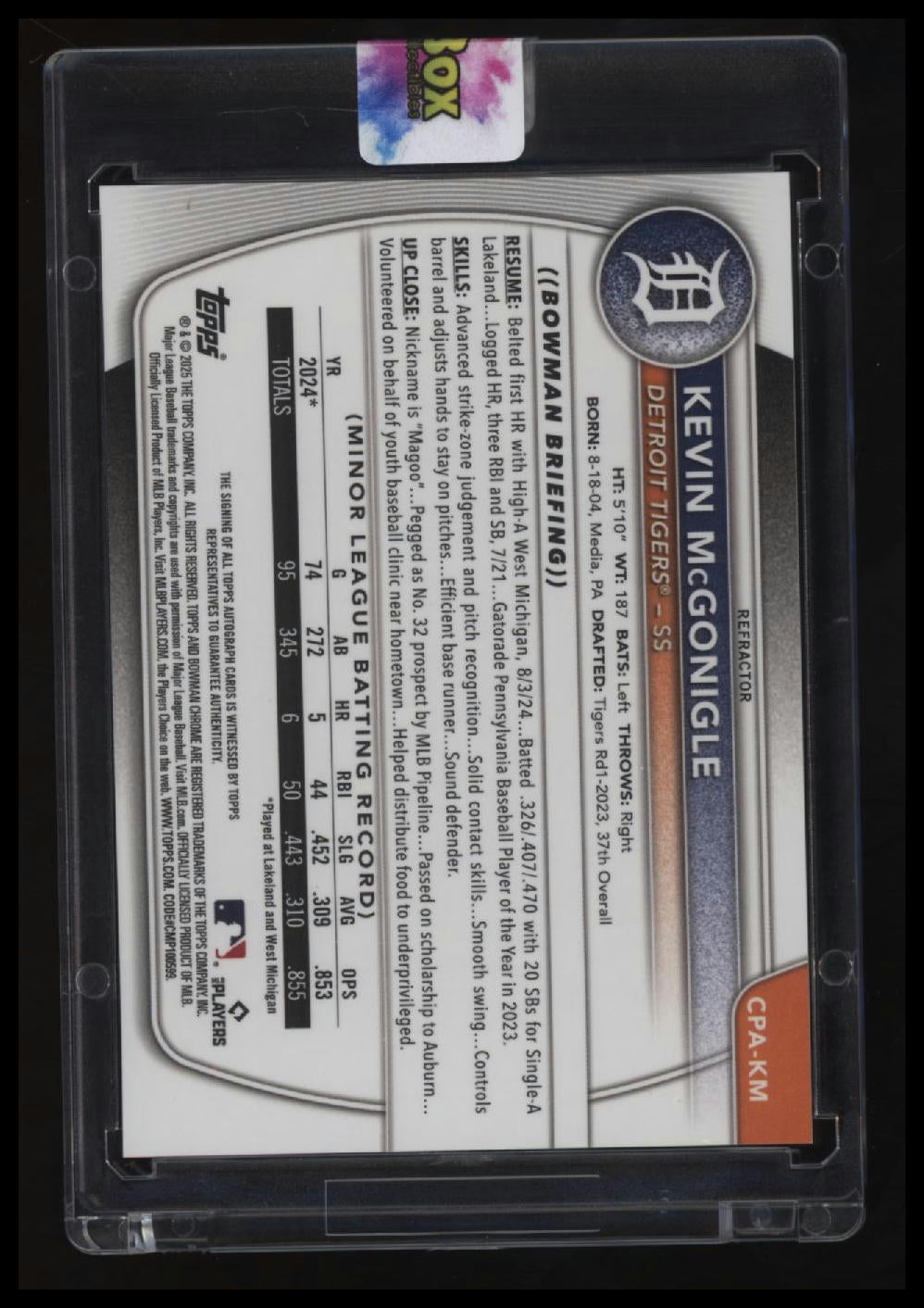 2025 Bowman Kevin McGonigle Chrome Prospects Autographs Refractor #/499