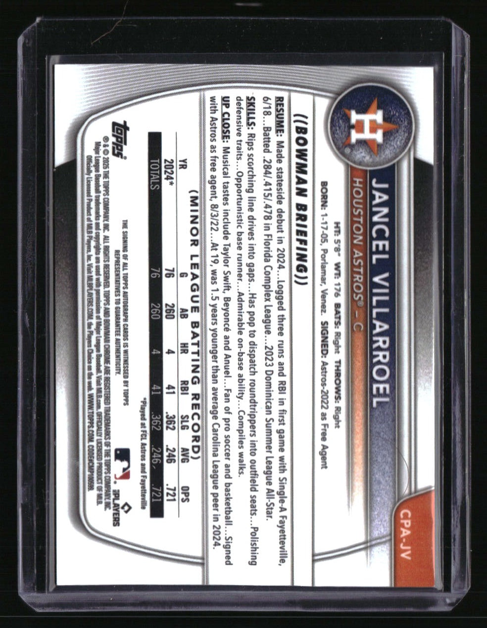 2025 Bowman Jancel Villarroel Chrome Prospects Autographs Orange Refractor #/25