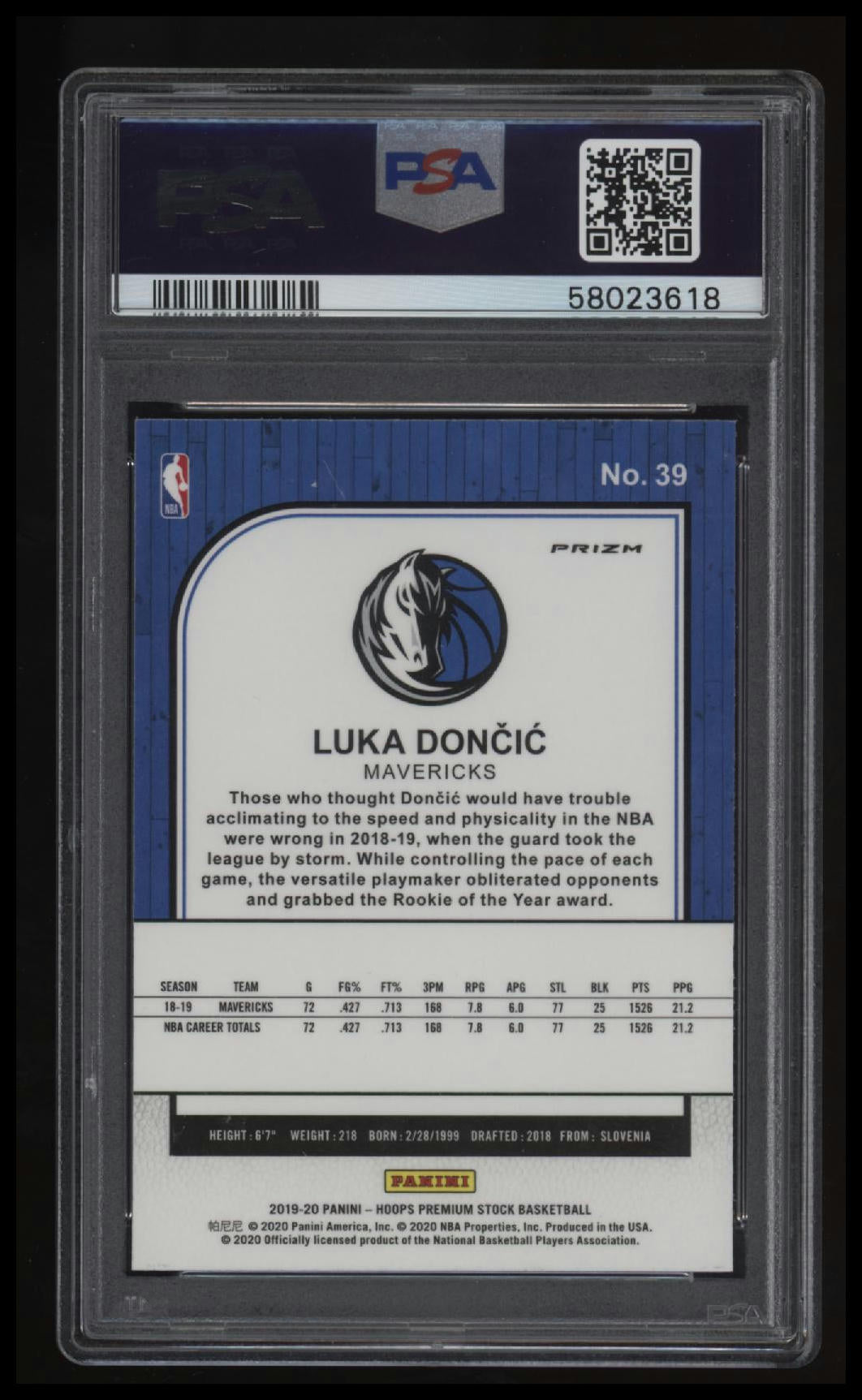2019 Panini Hoops Premium Stock Luka Doncic Red Cracked Ice PSA 10