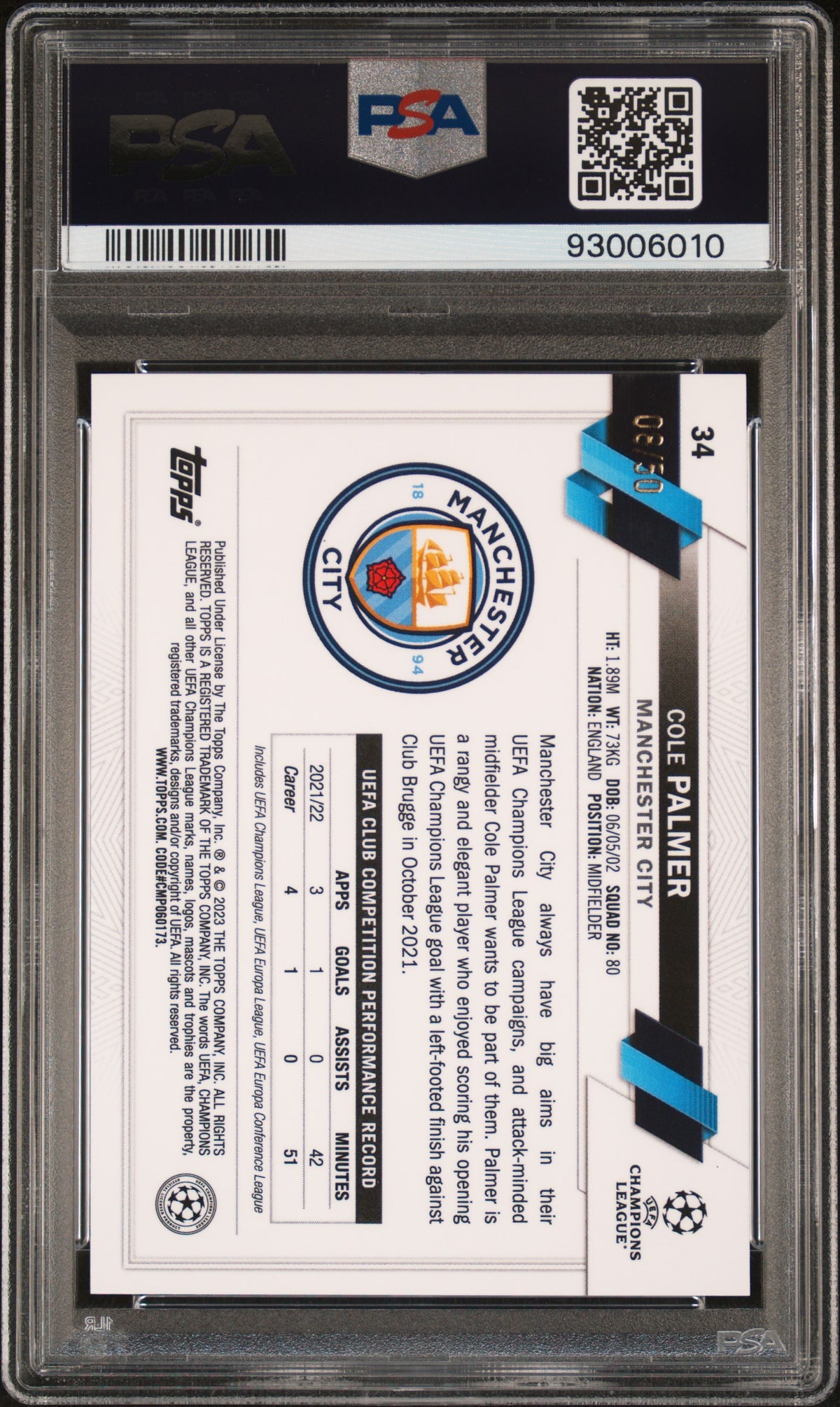 2022-23 Topps Chrome Uefa Club Competitions Cole Palmer Gold Refractor PSA 10