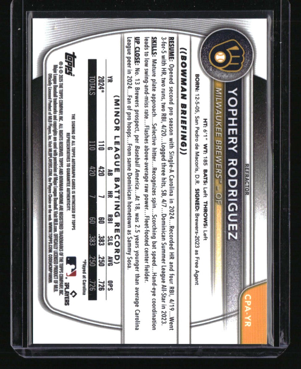2025 Bowman Yophery Rodriguez Chrome Prospects Autographs Refractor #/499