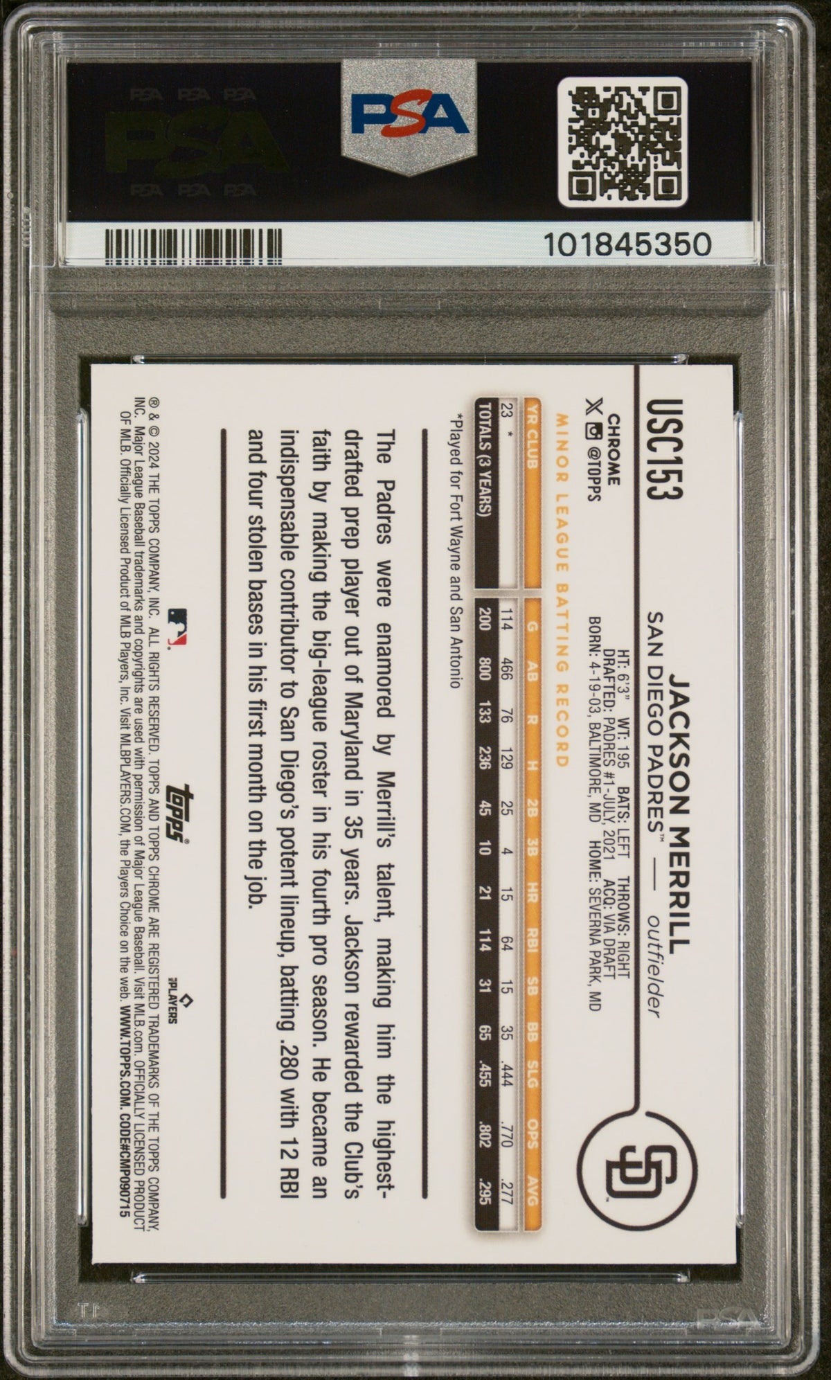 2024 Topps Chrome Update Jackson Merrill Green Refractor PSA 10