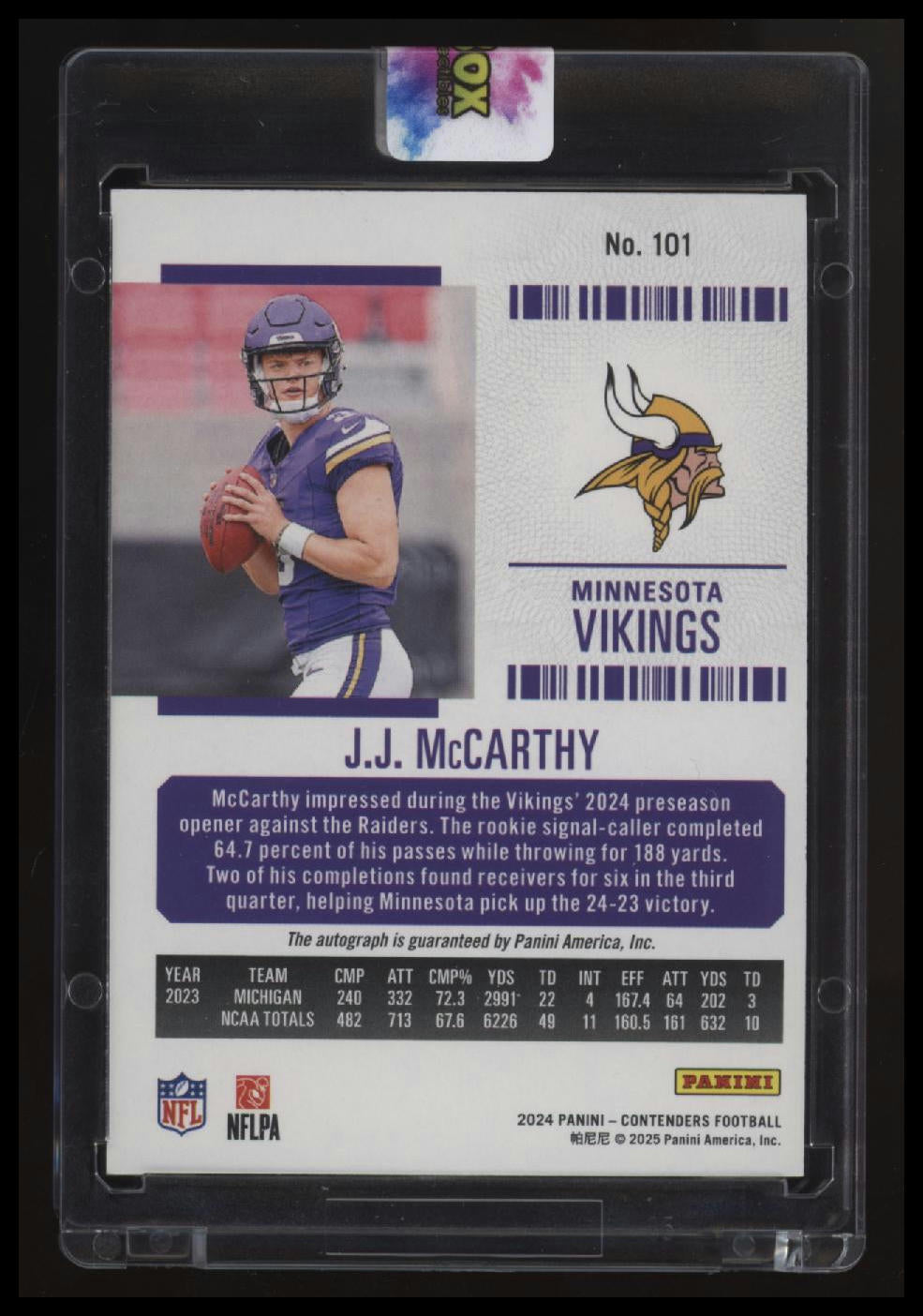 2024 Panini Contenders J.J. McCarthy Divisional Ticket Auto First On Print 1/99