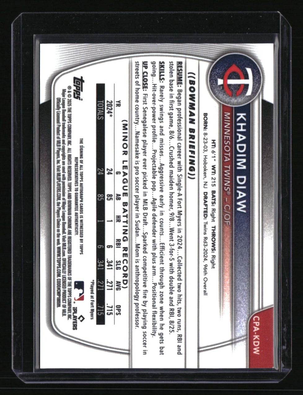2025 Bowman Khadim Diaw Chrome Prospects Autographs Blue Refractor #/150