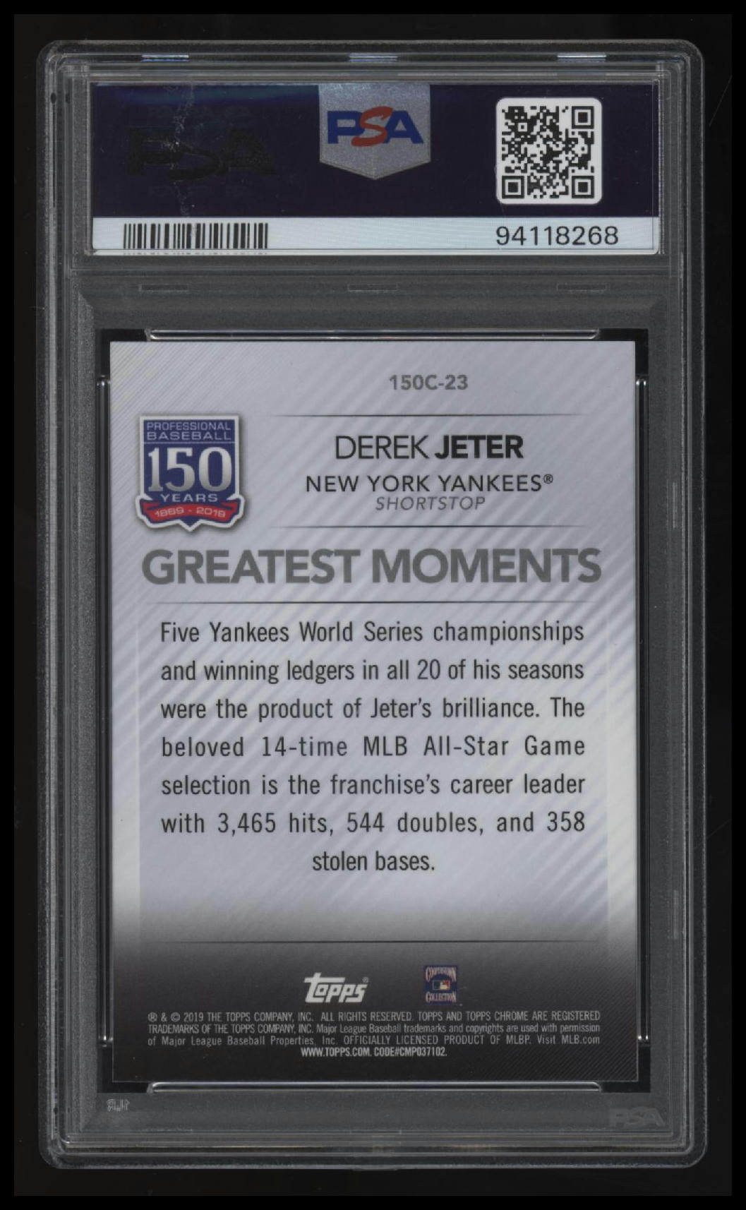 2024 Topps Archives 2019 Chrome Update Derek Jeter 150 Years 1/1 PSA 9 Auto 10