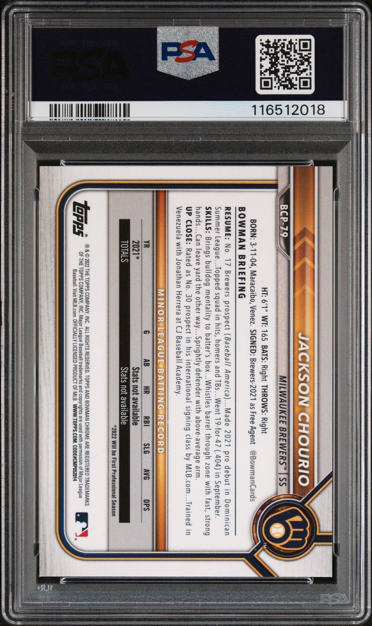 2022 Bowman Mega Box Chrome Jackson Chourio Chrome-Aqua Refractor PSA 8