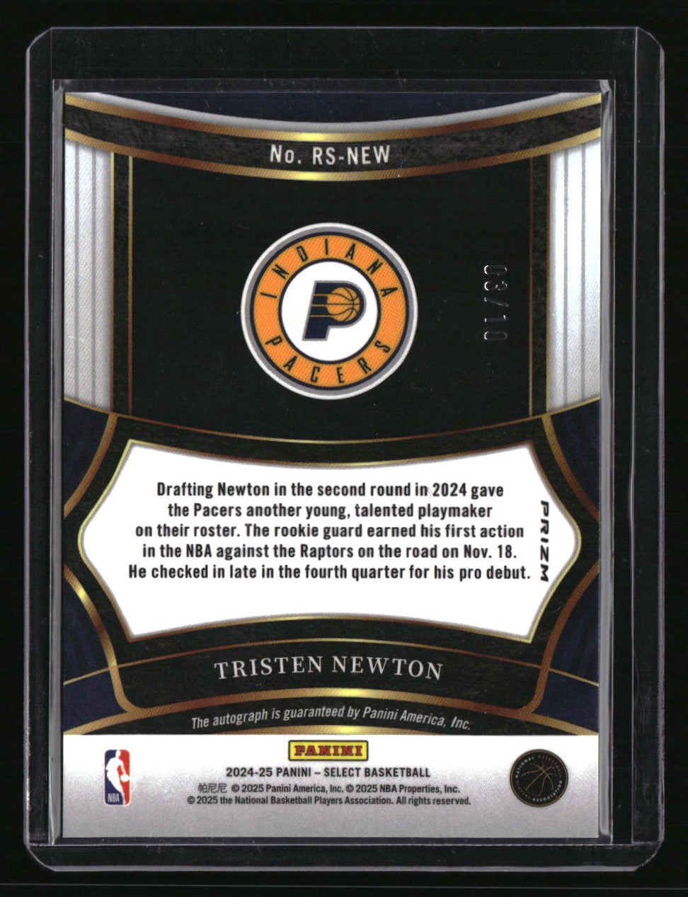 2024-25 Panini Select Tristen Newton Rookie Signatures Gold Prizms #/10