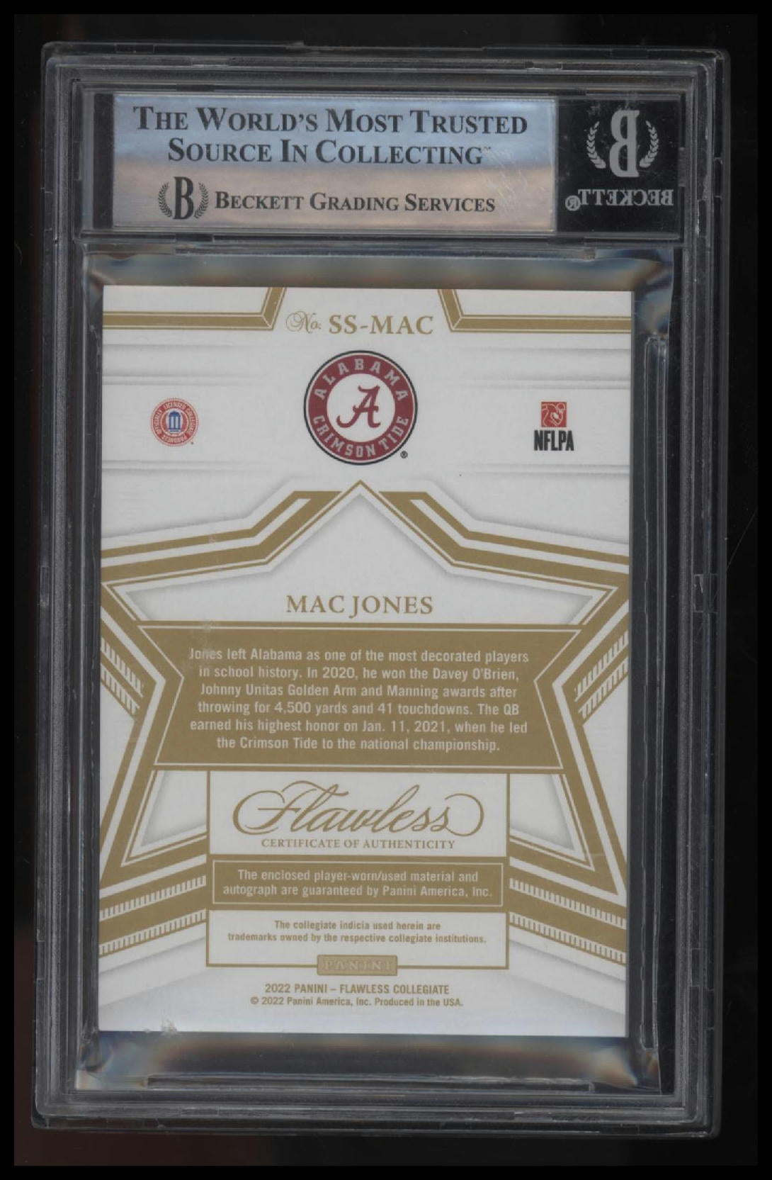 2022 Panini Flawless Collegiate Star Swatch Signatures Gold Mac Jones BGS 9.0