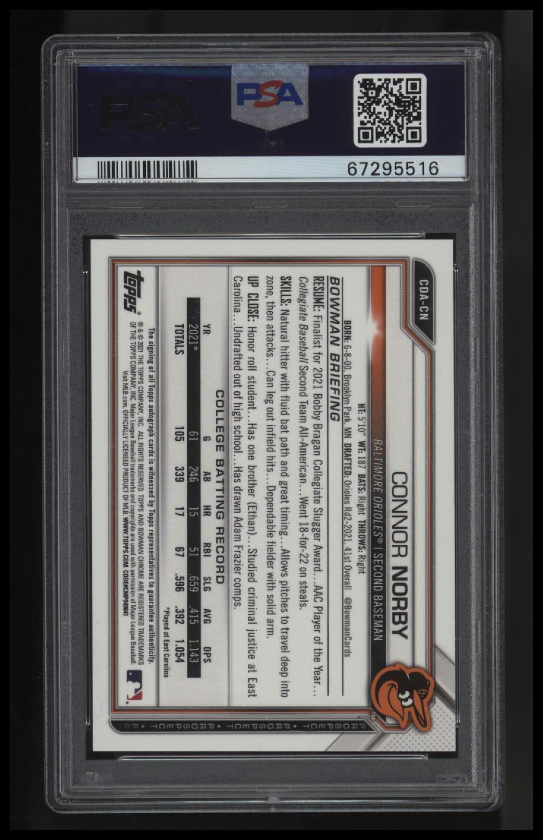 2021 Bowman Draft Chrome Draft Pick Autos Connor Norby Aqua Lava Ref. PSA 9