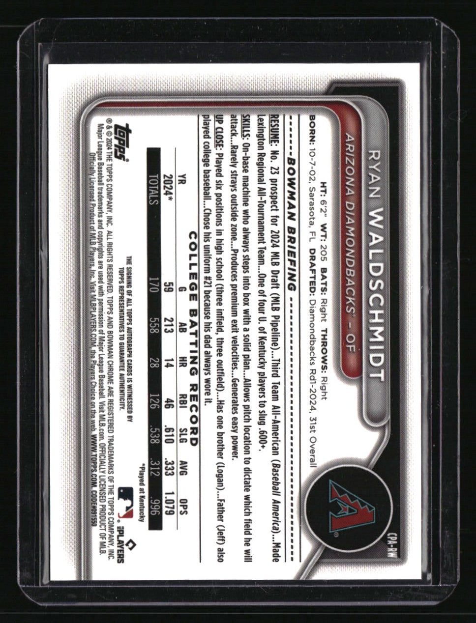 2024 Bowman Draft Ryan Waldschmidt Chrome Prospect Autographs