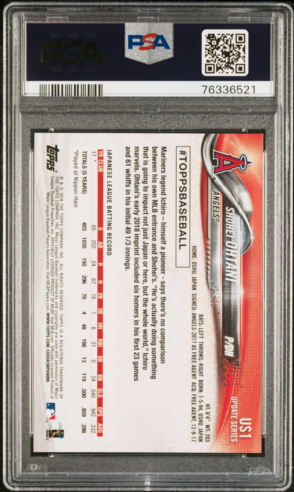 2018 Topps Update Shohei Ohtani PSA 10