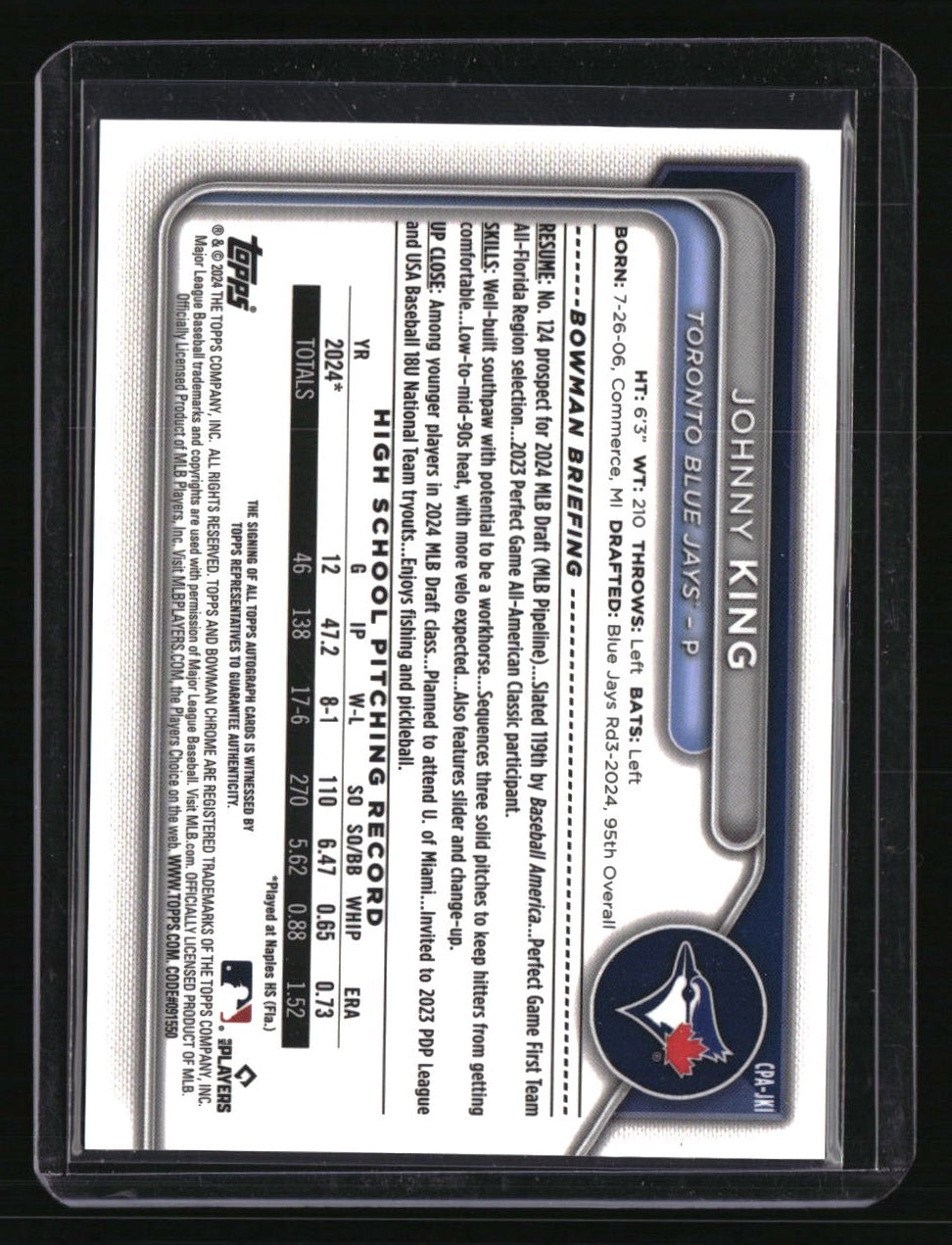 2024 Bowman Draft Johnny King Chrome Prospect Autographs