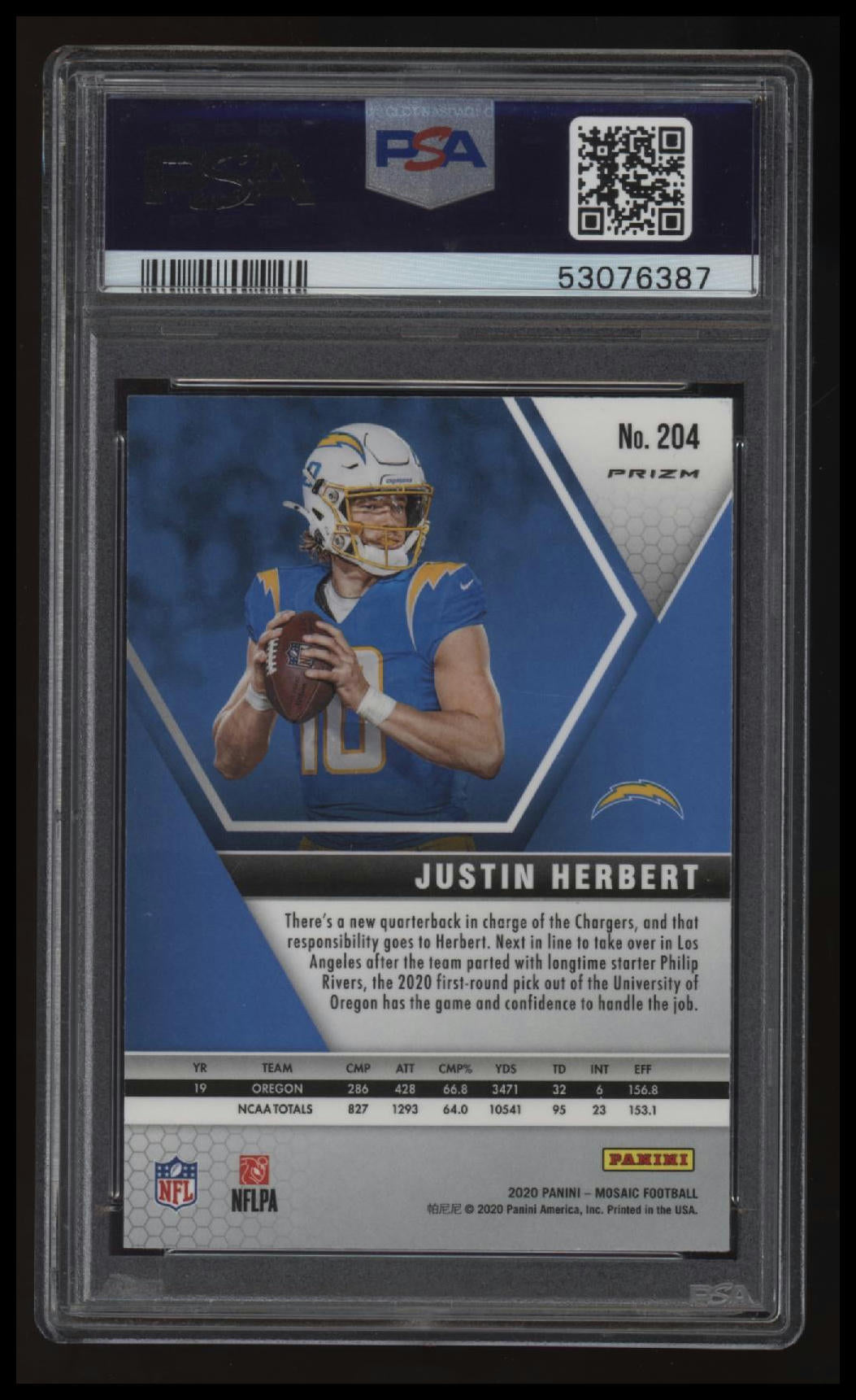 2020 Panini Mosaic Justin Herbert Silver Prizm PSA 10