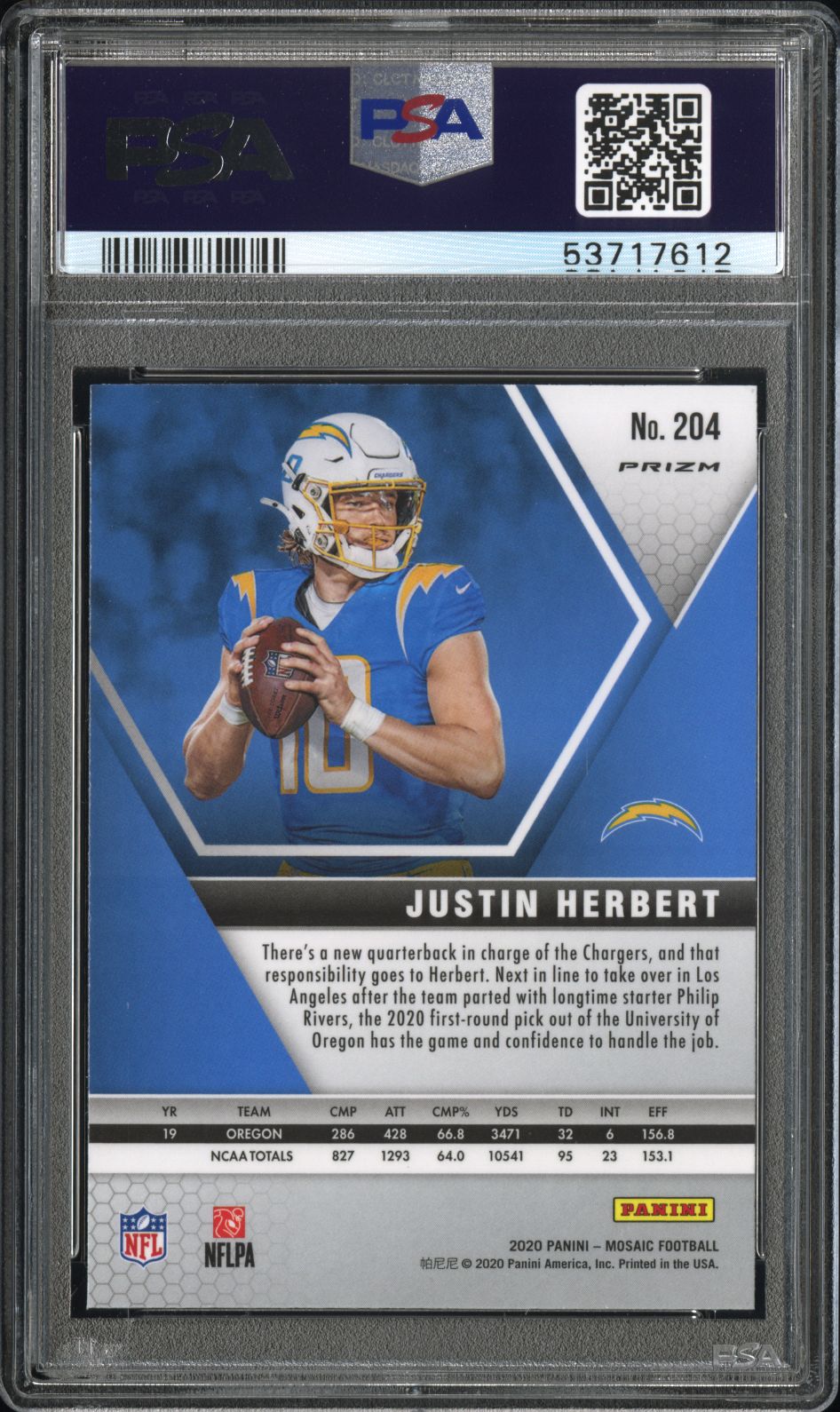 2020 Panini Mosaic Justin Herbert Reactive Blue PSA 10
