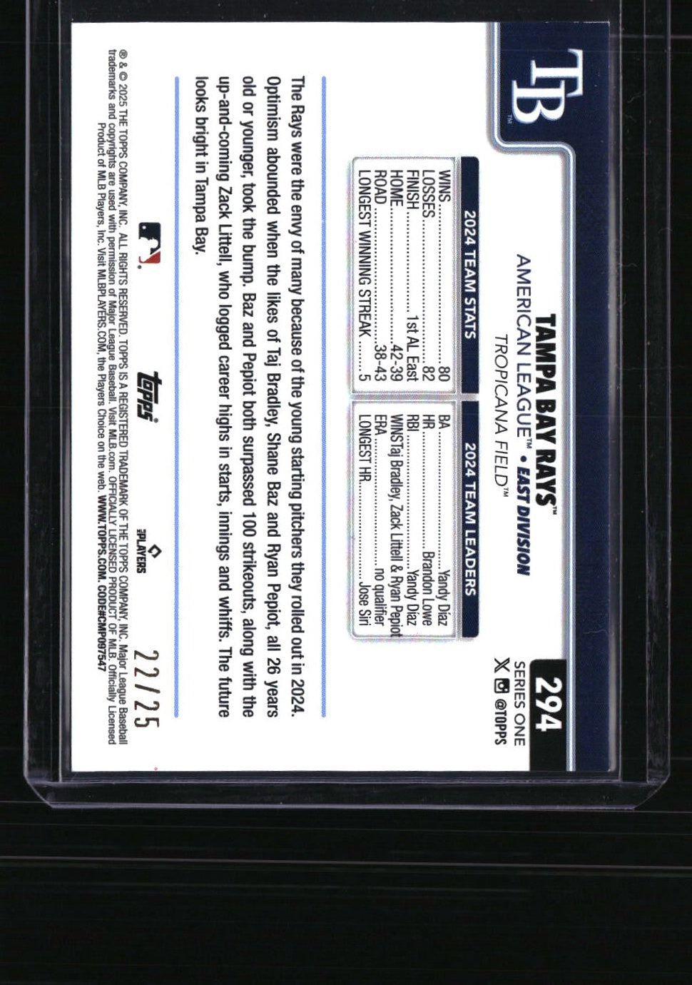 2025 Topps Tampa Bay Rays Orange Holo Foil #/25