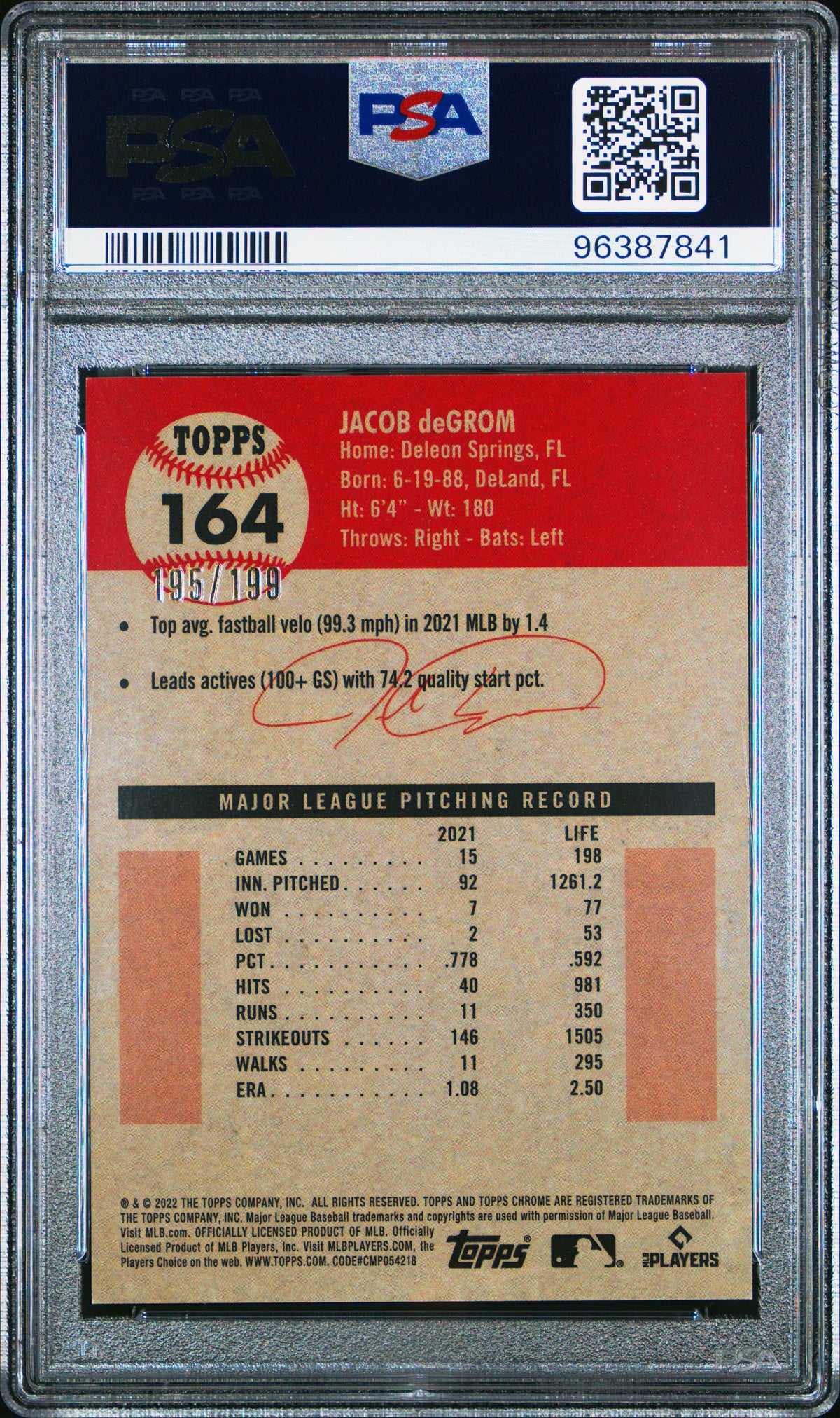 2022 Topps Chrome Platinum Anniversary Jacob Degrom Toile White/Blue Ref PSA 10