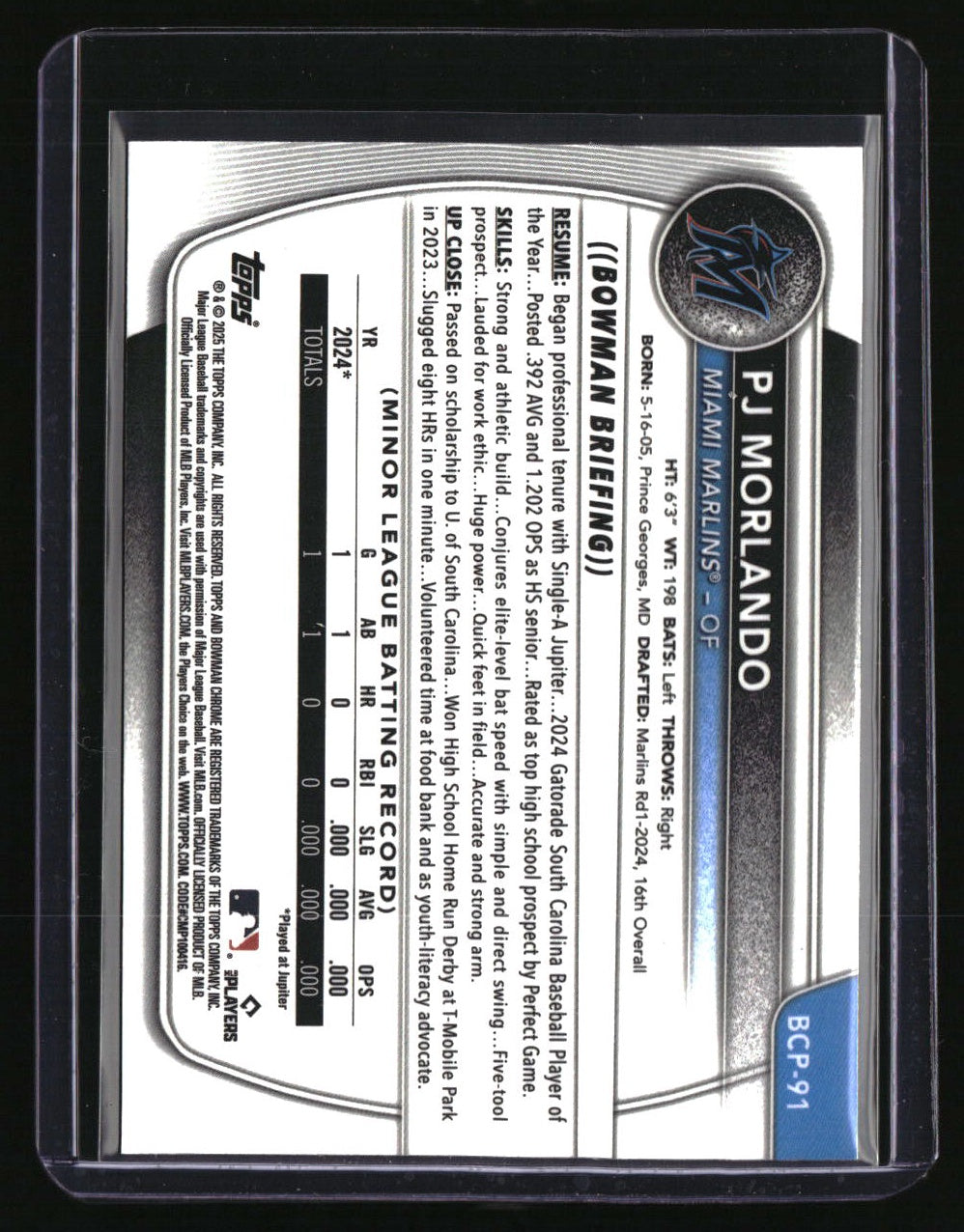 2025 Bowman PJ Morlando Chrome Prospects Yellow Refractor #/75