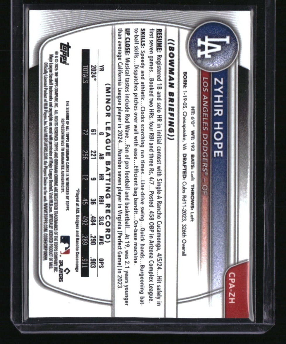 2025 Bowman Zyhir Hope Chrome Prospects Autographs