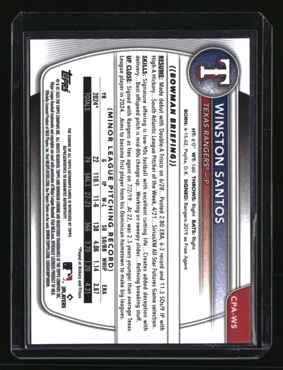 2025 Bowman Winston Santos Chrome Prospects Autographs Blue Refractor #/150
