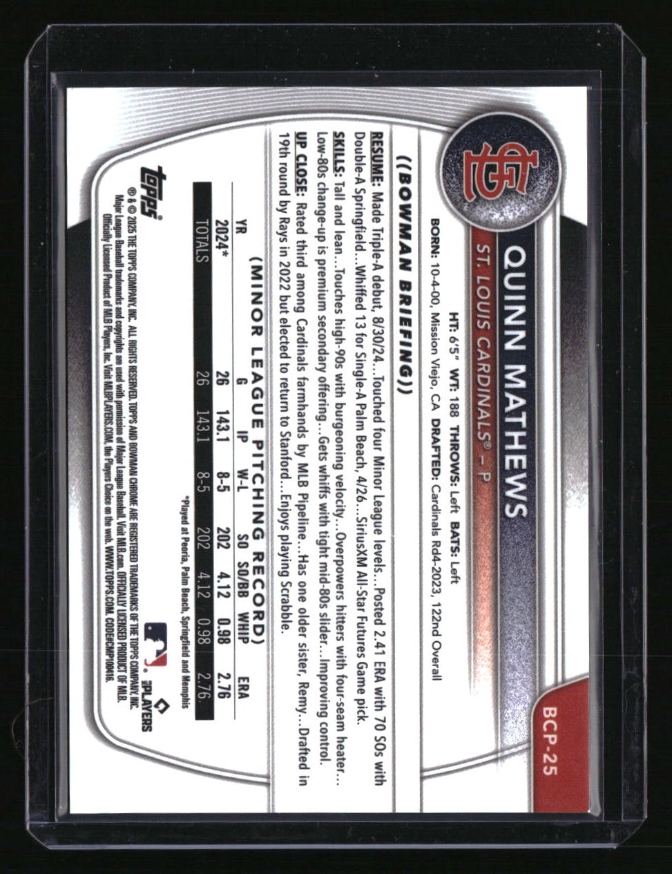 2025 Bowman Quinn Mathews Chrome Prospects Green Geometric Refractor #/99