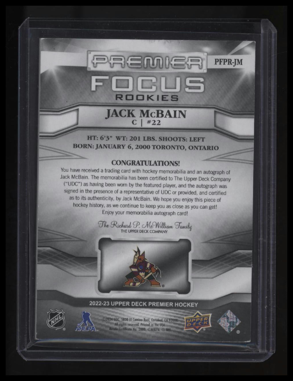 2022-23 Upper Deck Jack McBain Premier Focus Rookies Auto Patch Gold #/49