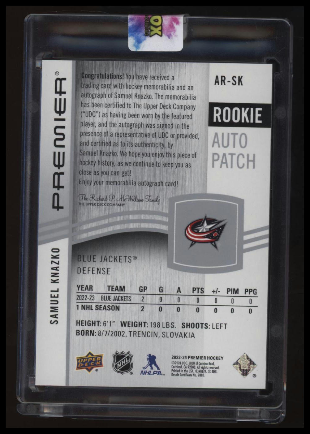 2023-24 Upper Deck Premier Samuel Knazko Acetate Rookie Auto Patch #/249