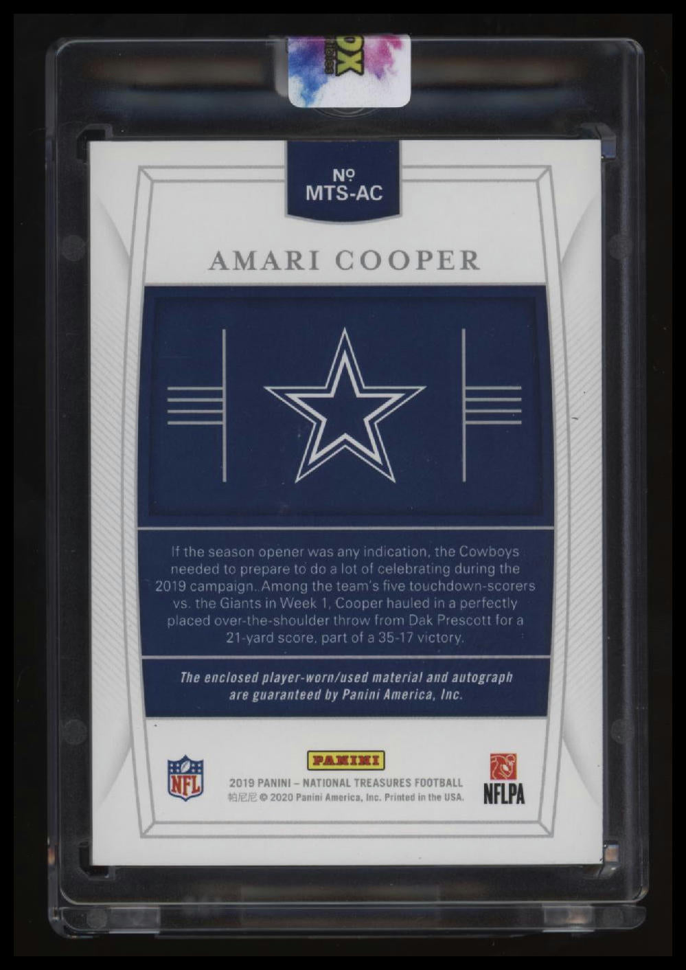 2019 National Treasures Amari Cooper Material Sig. Laundry Tag NFL Shield #/1