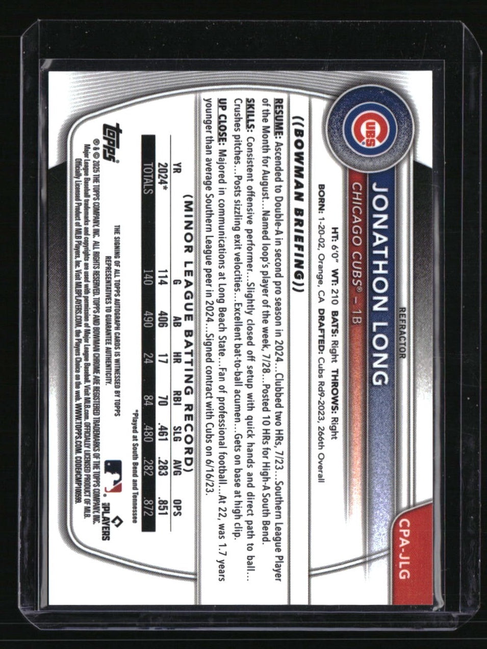 2025 Bowman Jonathon Long Chrome Prospects Autographs Refractor #/499
