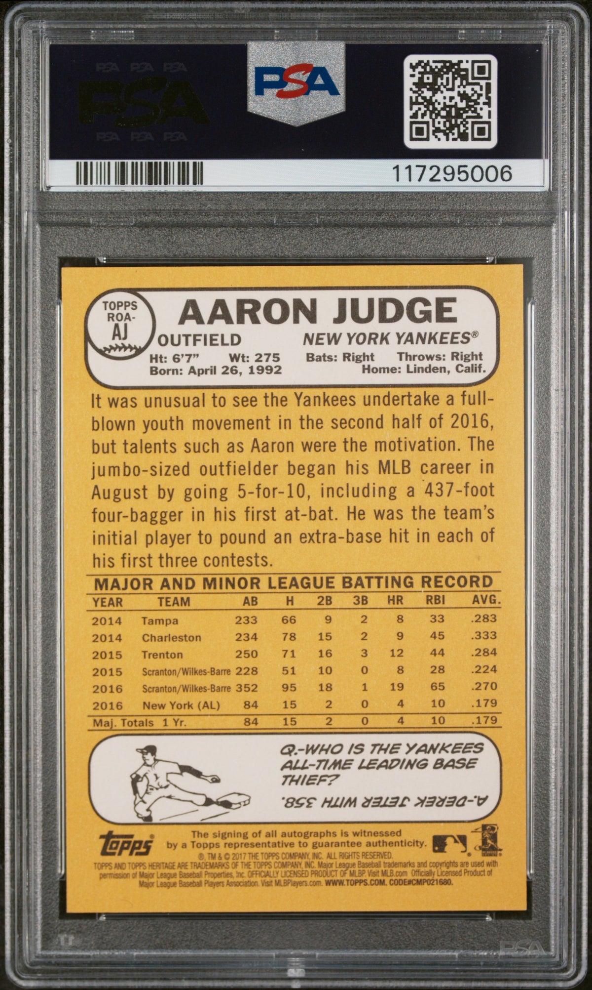 2017 Topps Heritage Real One Autographs Aaron Judge Real One Autographs PSA 10