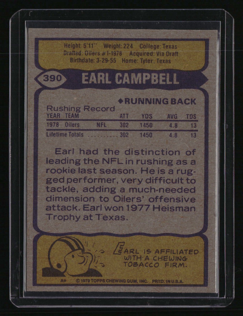 1979 Topps Earl Campbell Cream Colored Back