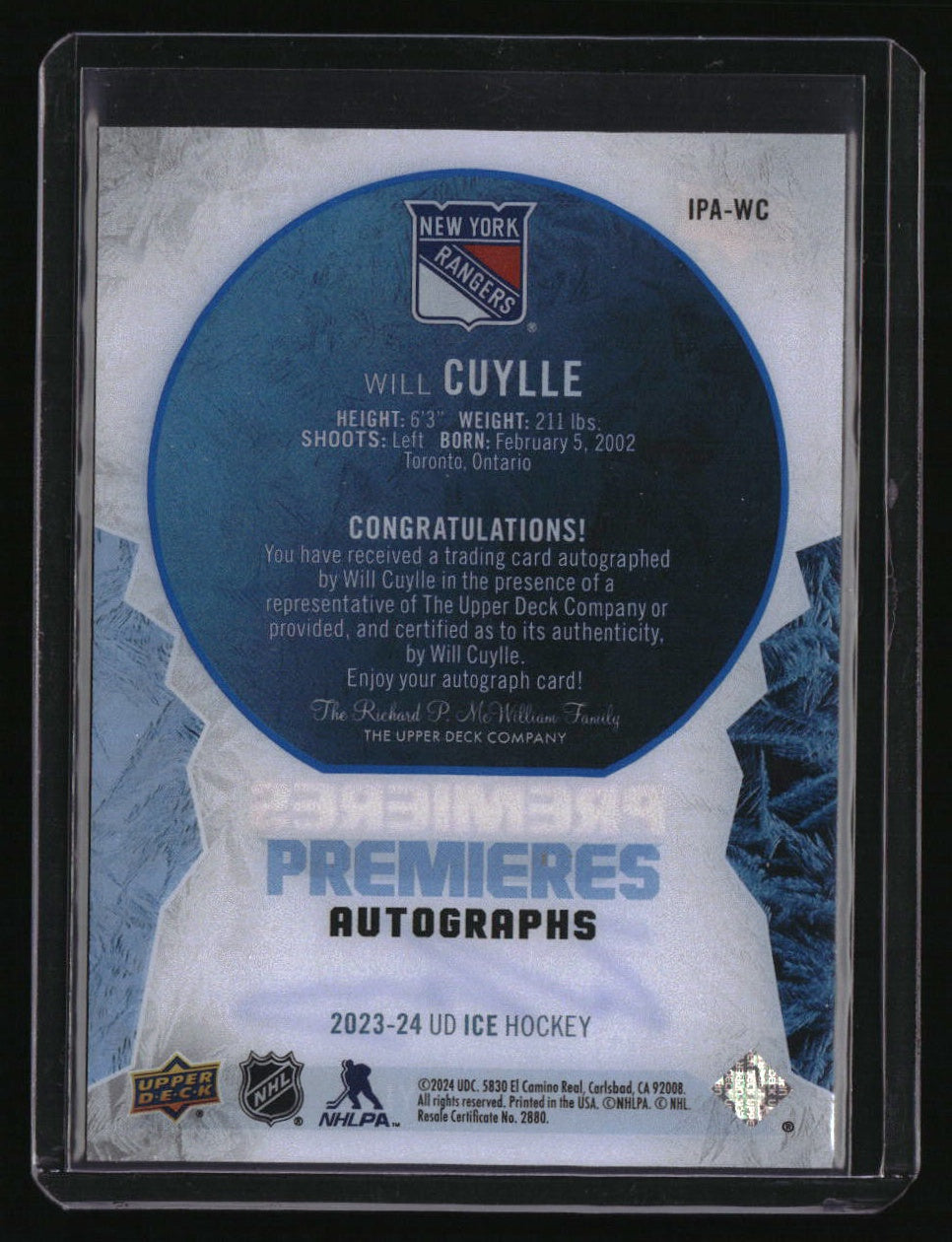 2023-24 Upper Deck Ice Will Cuylle Ice Premieres Autographs #/199