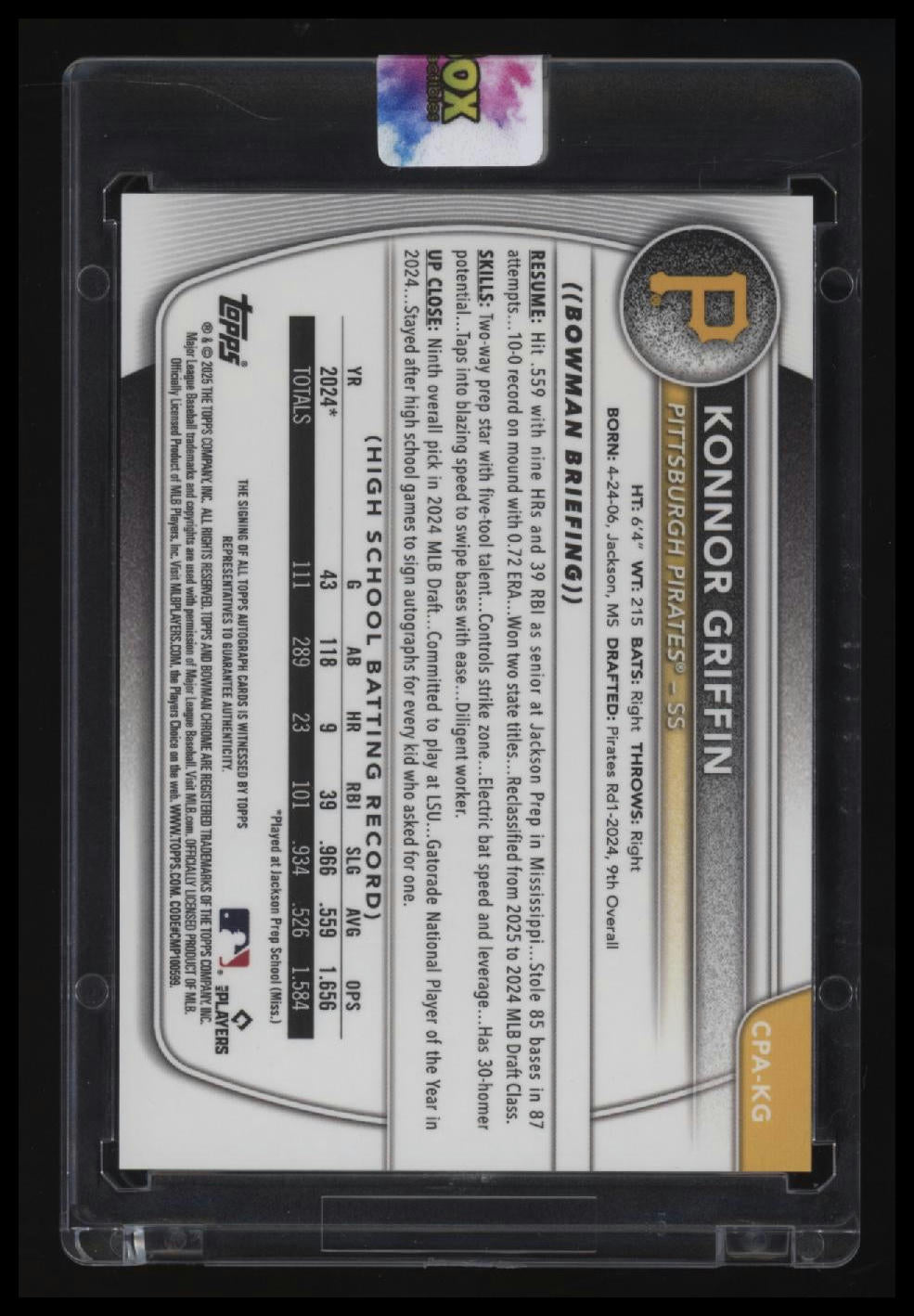 2025 Bowman Konnor Griffin Chrome Prospects Autographs Gold Lava Refractor #/50