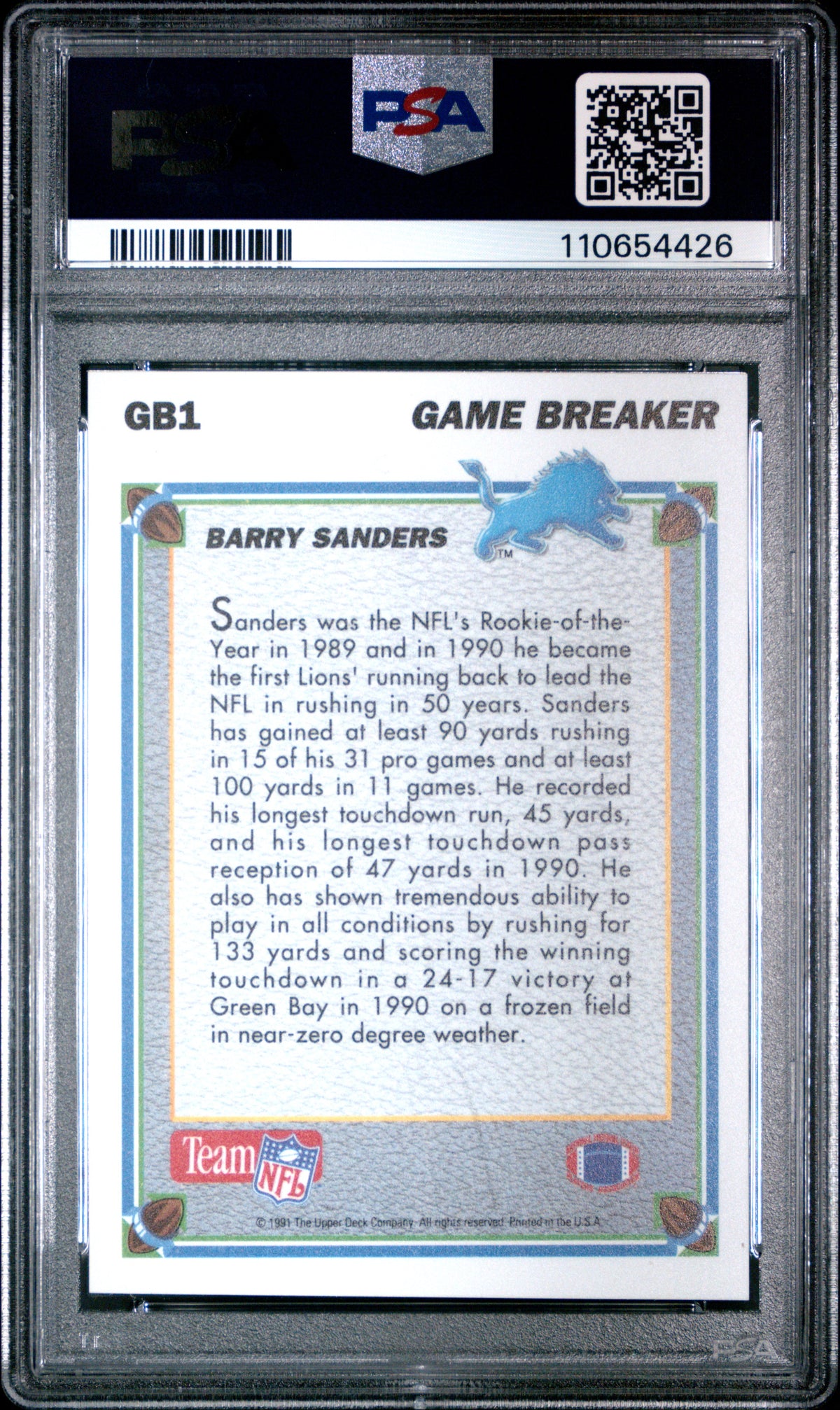 1991 Upper Deck Game Breakers Hologram Barry Sanders Game PSA 8