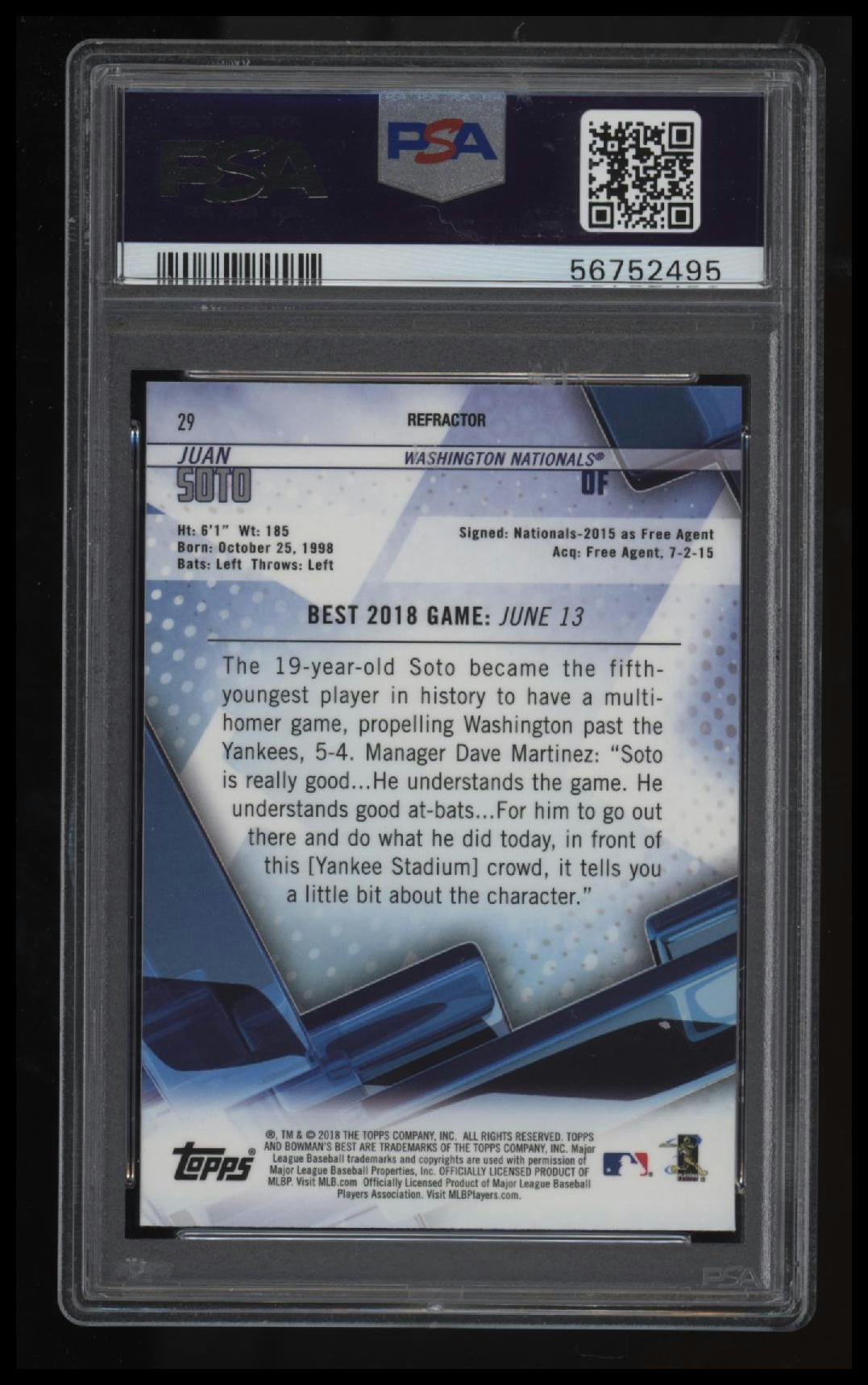 2018 Bowman&#39;S Best Juan Soto Refractor PSA 10