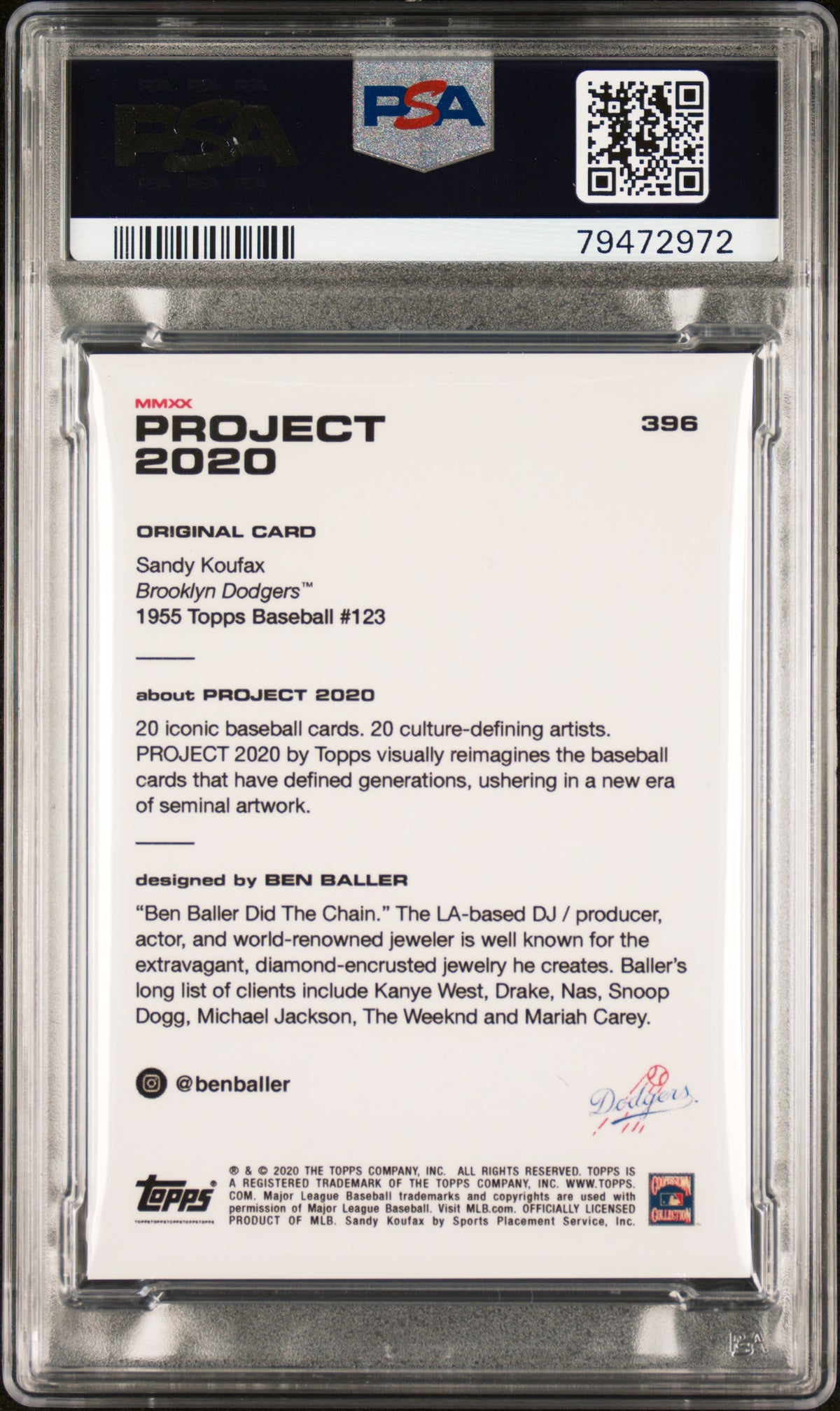 2020 Topps Project 2020 Sandy Koufax Ben Baller PSA 9