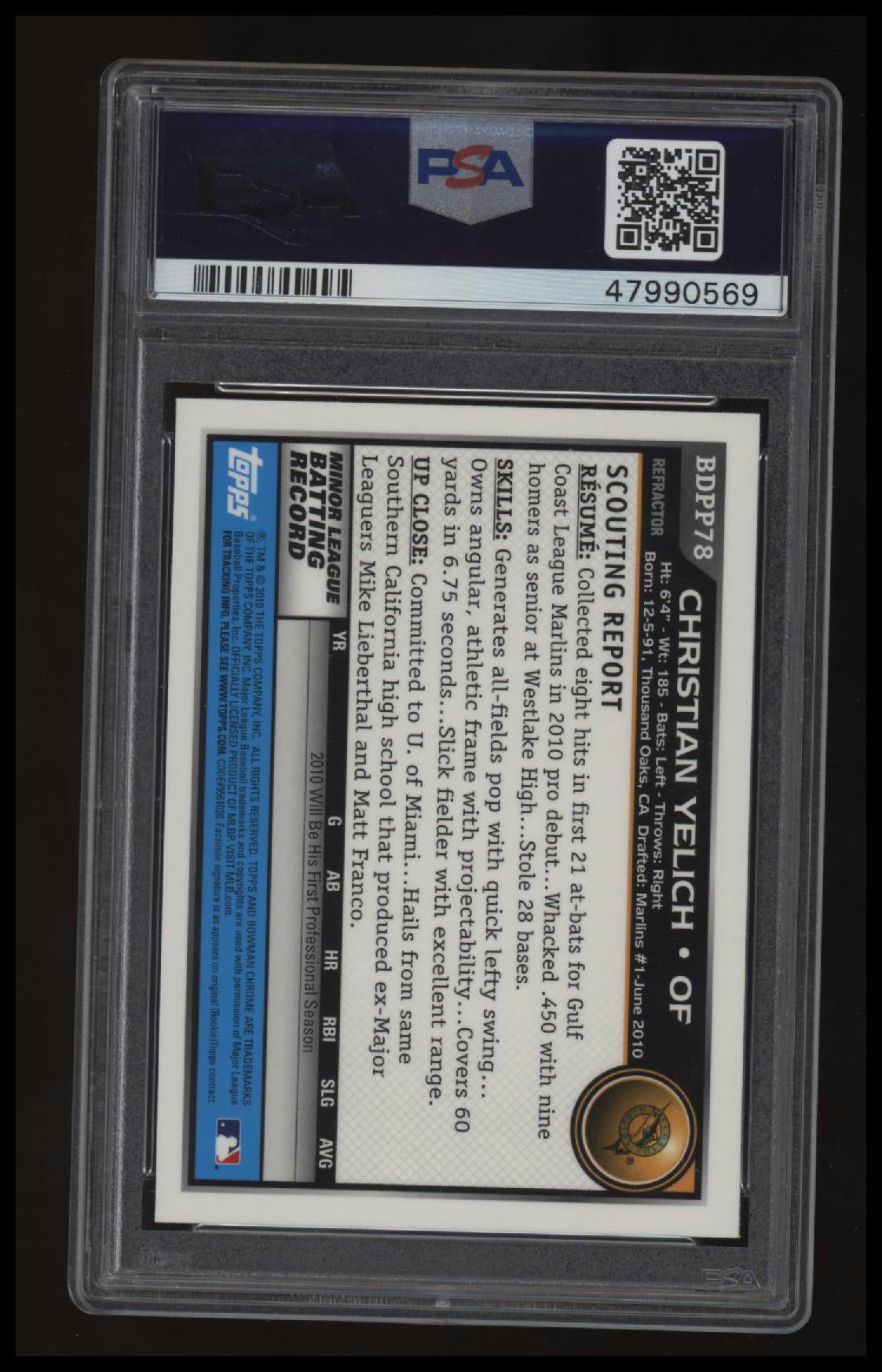 2010 Bowman Chrome Draft Picks &amp; Prospects Christian Yelich Refractor PSA 10