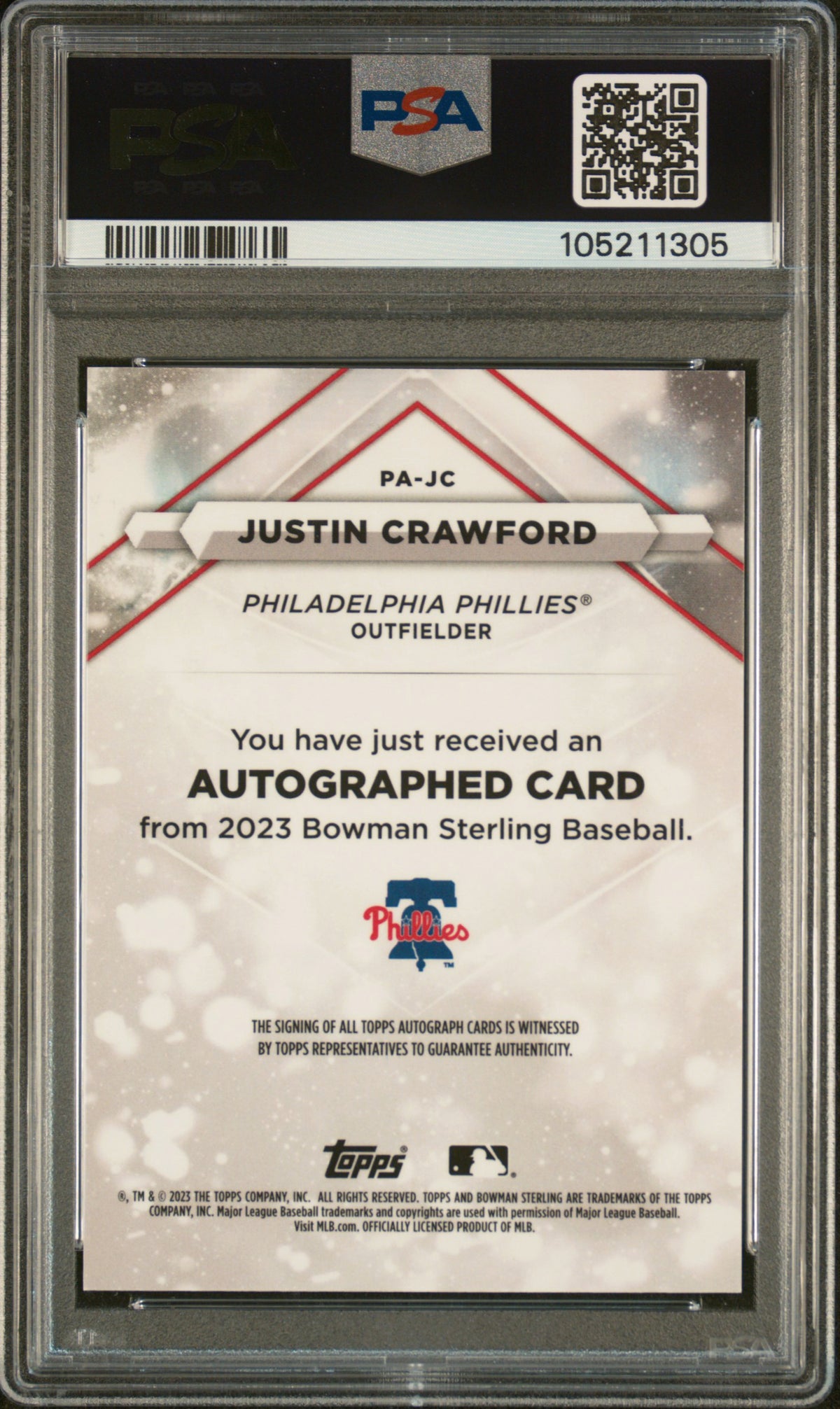 2023 Bowman Sterling Prospect Autographs Justin Crawford Sterling Slv Ref PSA 9