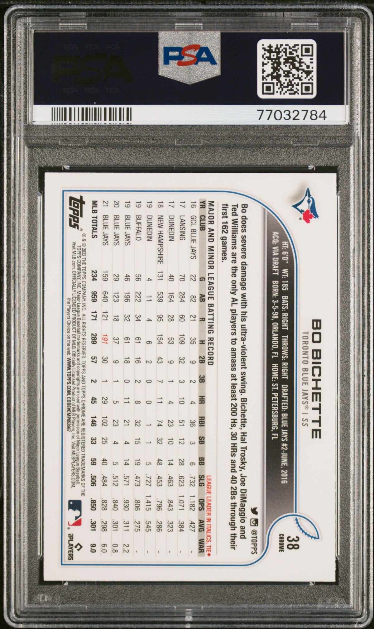 2022 Topps Chrome Bo Bichette PSA 10