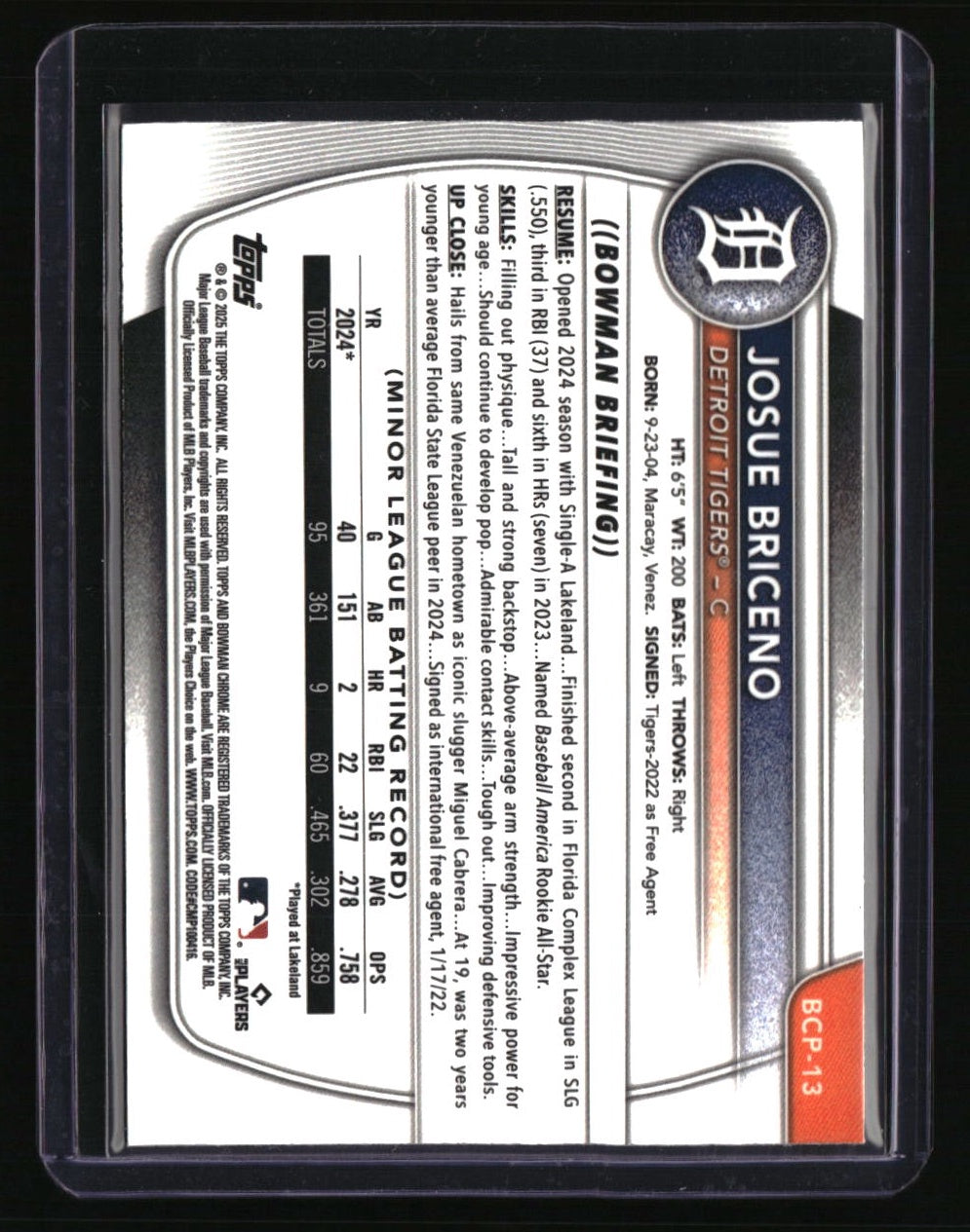 2025 Bowman Josue Briceno Chrome Prospects Reptilian Blue Refractor #/150