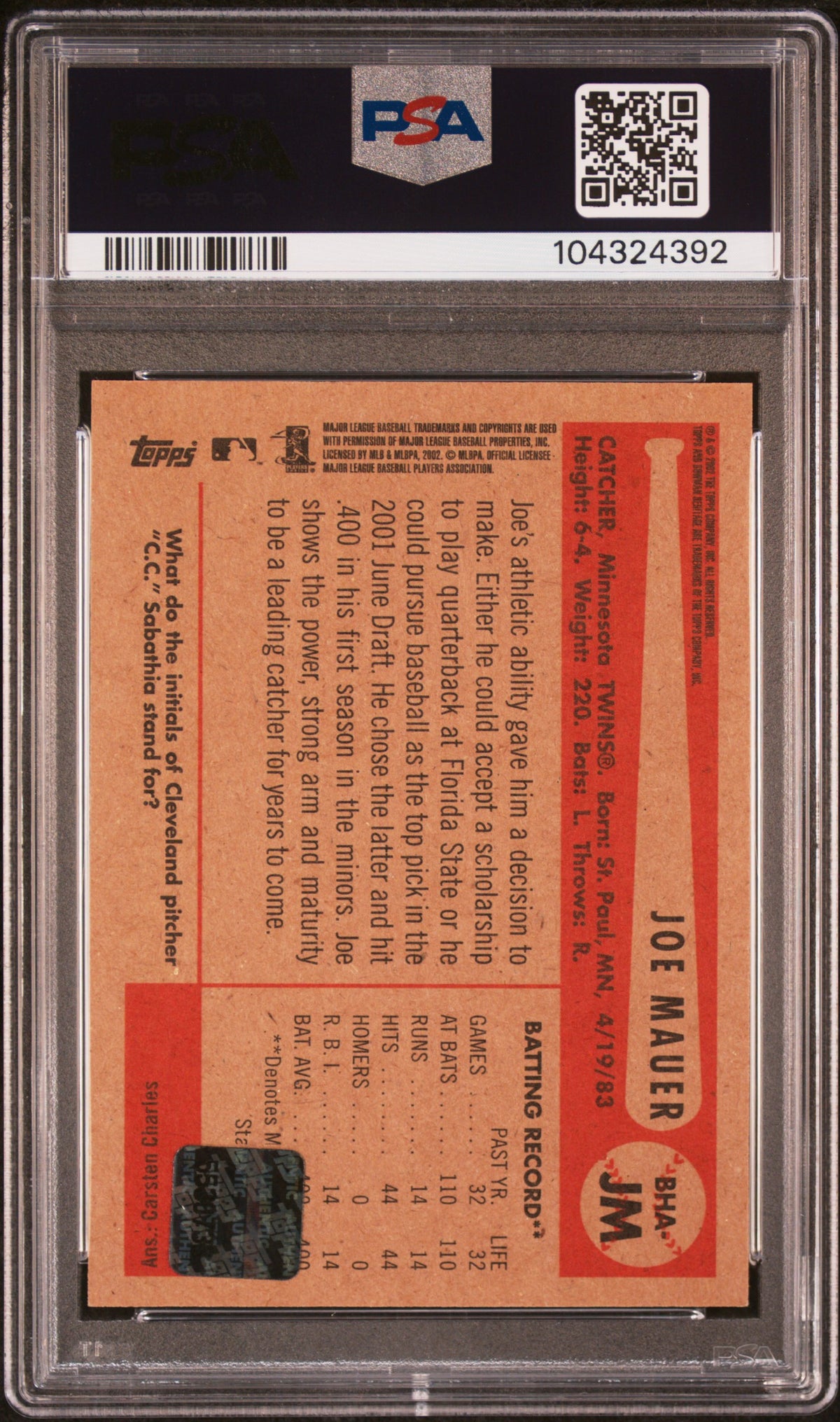 2002 Bowman Heritage Autographs Joe Mauer Autographs PSA 9