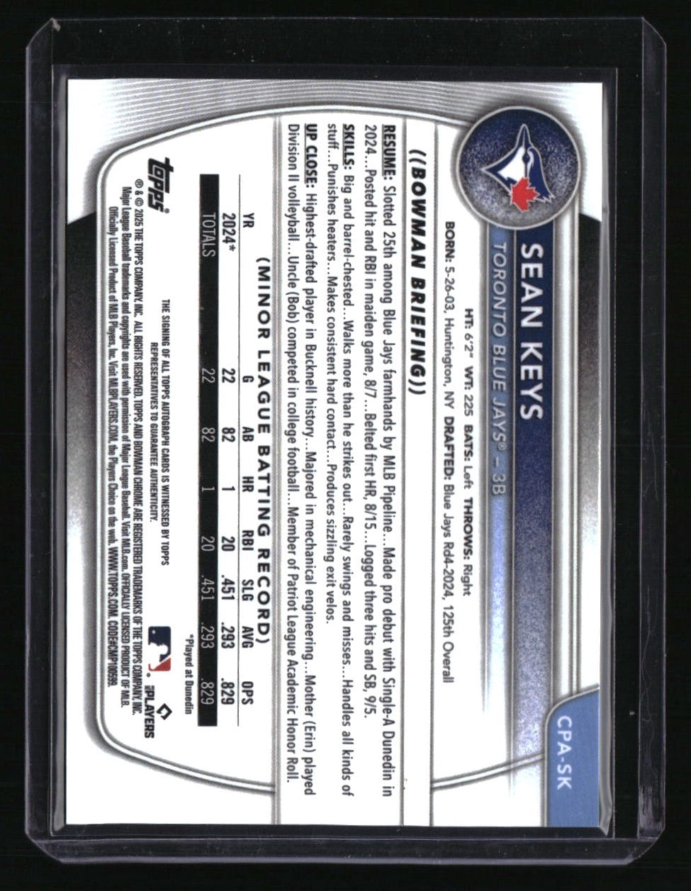 2025 Bowman Sean Keys Chrome Prospects Autographs HTA Choice Refractor #/150