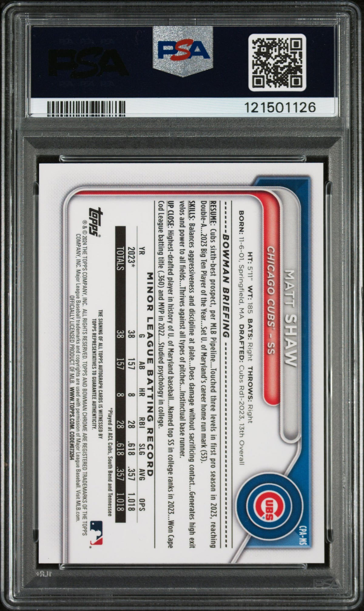 2024 Bowman Chrome Prospect Autographs Matt Shaw Gold Shimmer PSA 10